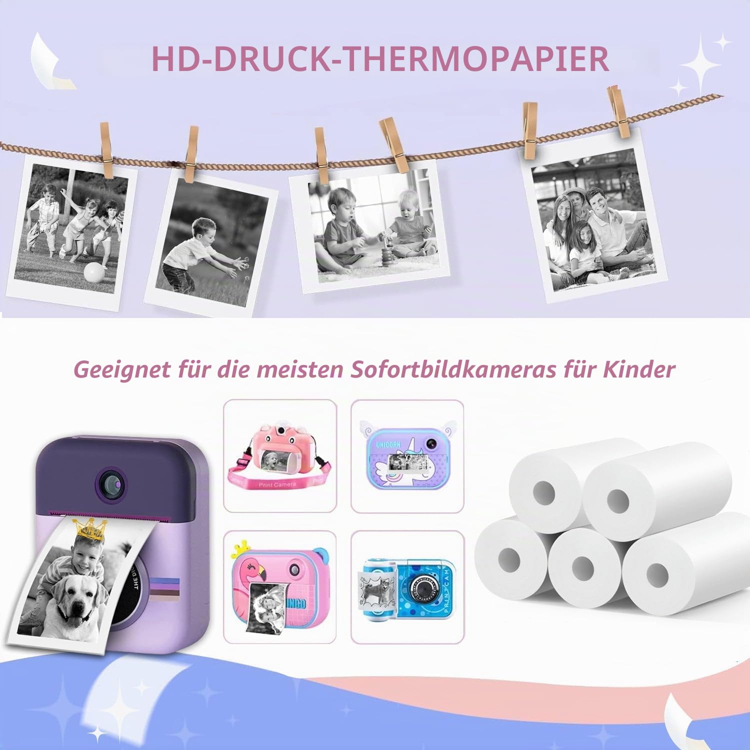 12 Rollen MIARALA Sofortdruck Kinderkamera-Papierrolle Nachfüllpackung, HD-Druck-Kamera-Papier-Nachfüllpackung für die meisten Kinder-Sofortbildkamera, BPS/BPA-frei
