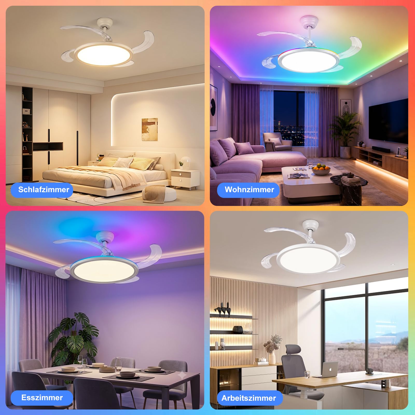 Oraymin Einziehbar Deckenlampe mit Ventilator 50CM, Reversible Ventilator mit RGB Backlicht, Fernbedienung und APP Steuerung