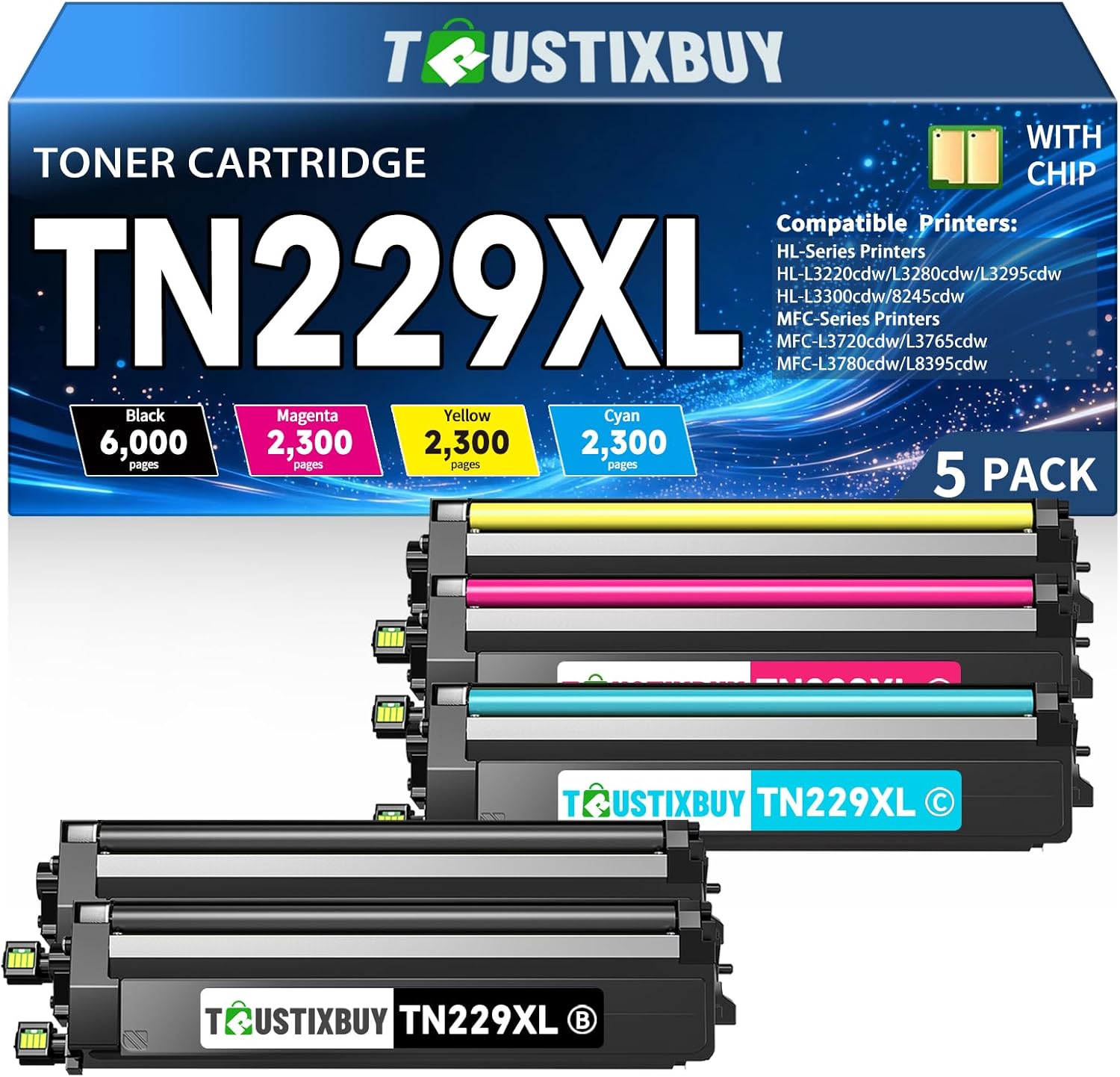 TN229XL / TN229 High Yield Toner Cartridge Compatible for Brother TN229XL TN229 Toner Cartridge with MFC-L3780CDW MFC-L3720CDW HL-L3280CDW HL-L3220CDW HL-L3300CDW HL-L3295CDW Printer (5 Pack Ink)