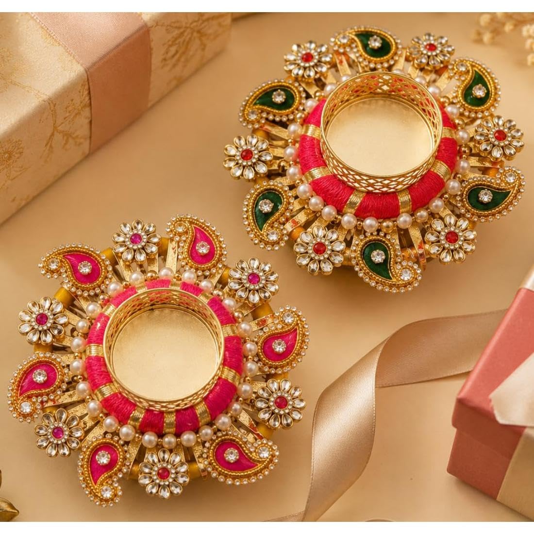 Rajasthan Kraft Decorative Tealight Candle Holder Set of 2 for Home Décor | Handmade Kundan & Pearl Diya Holder for Diwali Decoration, Pooja, Wedding, Festive Table Centerpiece | 5x5 Inch-image-25