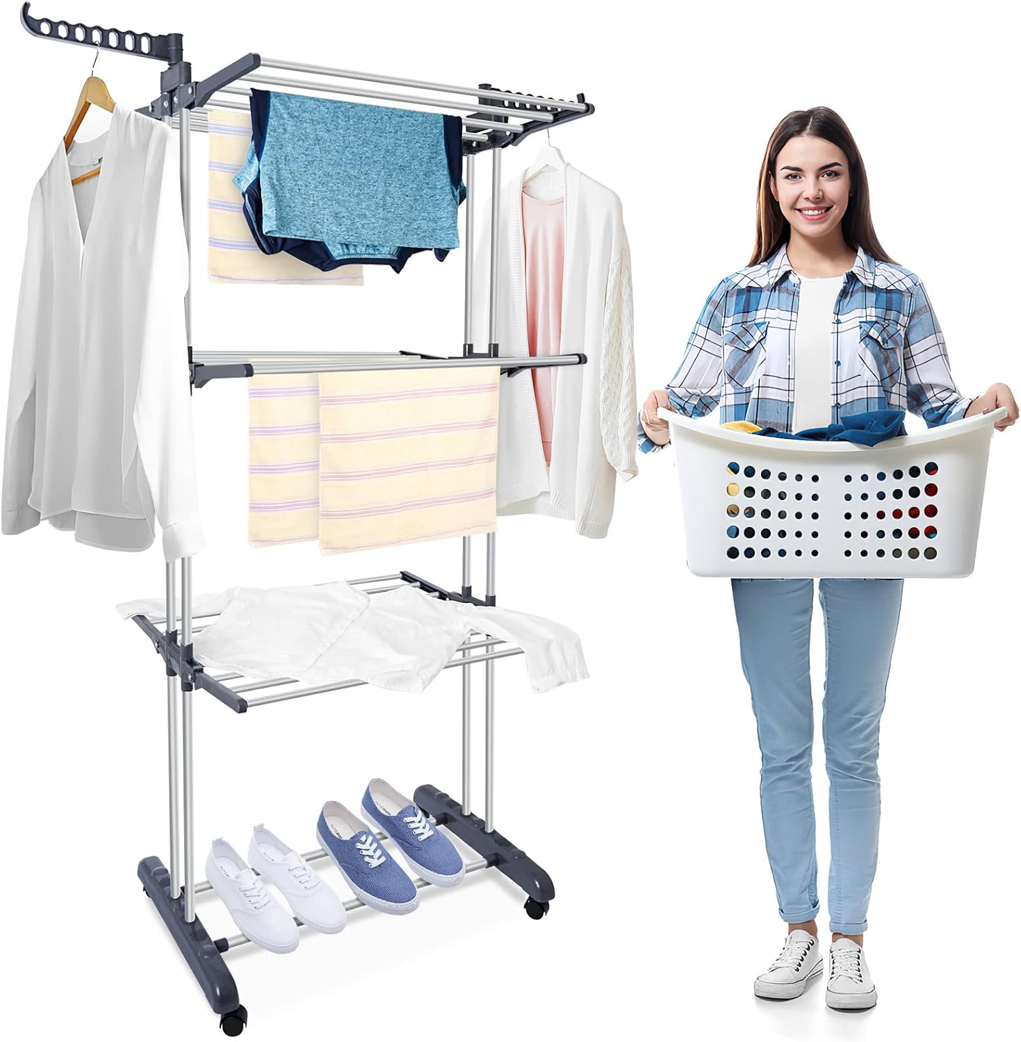 Clothes Drying Rack, Large 3-Tier Rolling Folding Dryer Hanger Storage Collapsible Garment Rack Standing Rack with Foldable Wings and Casters for Indoor Outdoor