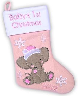 Babys First Christmas Stocking 2023 | My First Christmas Baby Boy and Baby Girl | Newborn Stockings Christmas Ornaments | Newborn Christmas Decor Elephant Design (Pink)