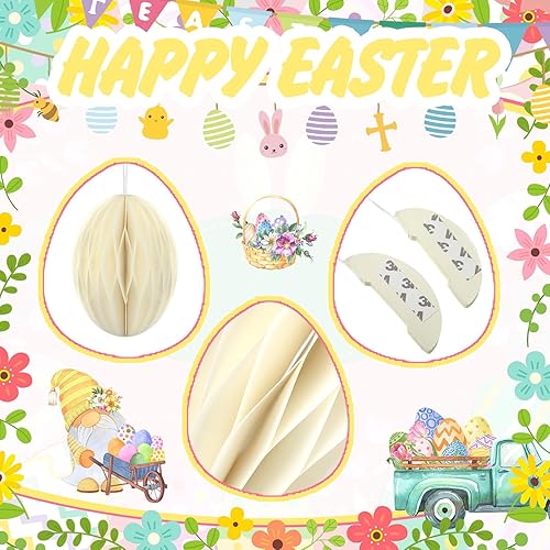 Miniatura 4 de Tenare 24 piezas de adornos de huevos colgantes de Pascua, centros de mesa de panal de abeja 3D, pompones de papel de panal para guirnalda, fiesta