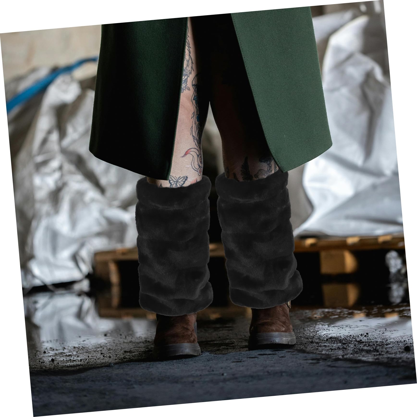 Calentadores de Piel Sintética Peludos para Mujer, Puños Largos Negros de 30 Cm, Manguitos de Invierno para Botas y Botas Militares, Cubrebotas Cálidos y Cómodos
