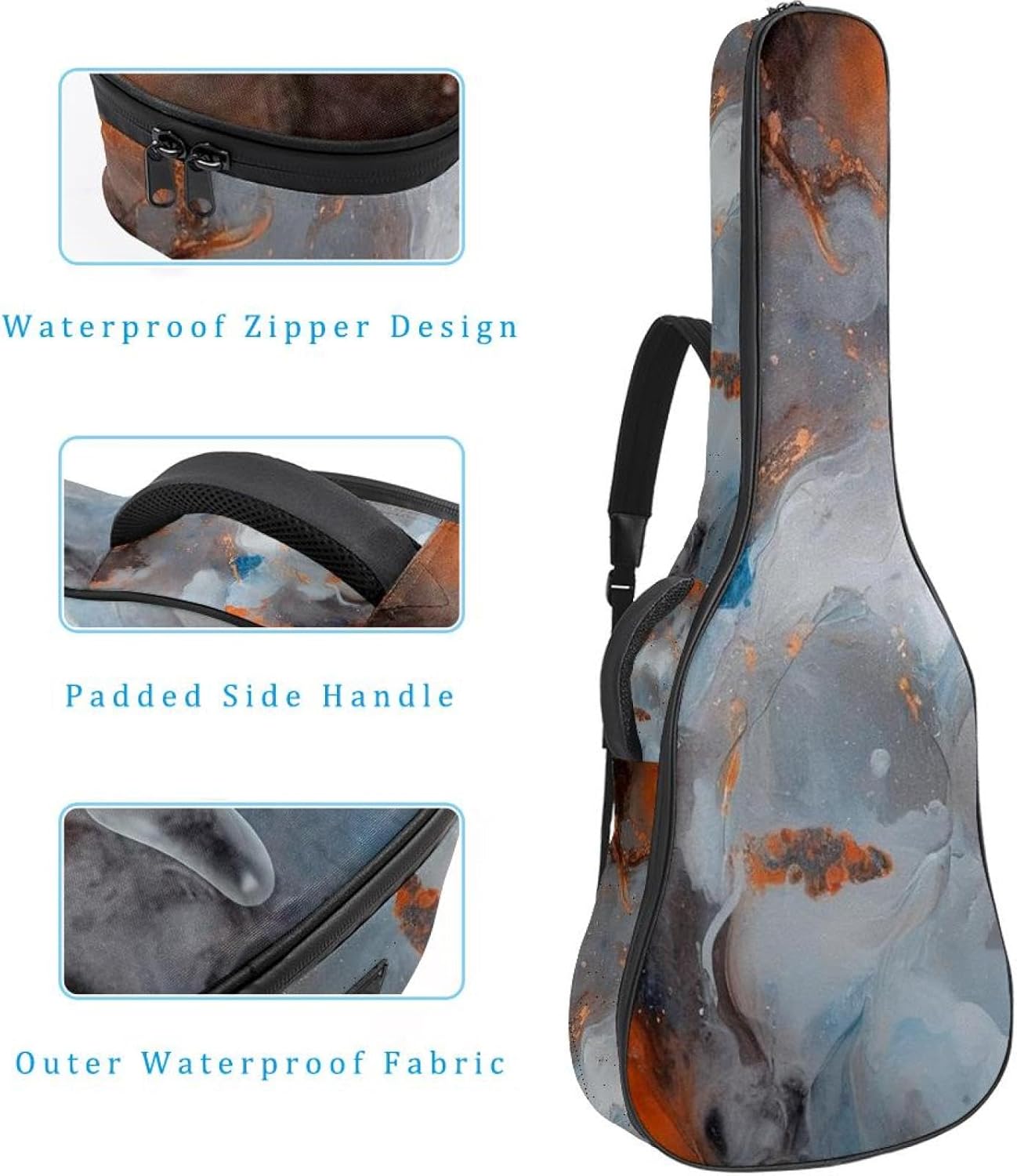 Retro Aesthetic Marble Guitar Bag 40 41 42 In 2 Pockets Guitar Case Waterproof Guitar Case Resistent Oxford Cloth 0.4 In Extra Thick Sponge Padded for Acoustic Guitar