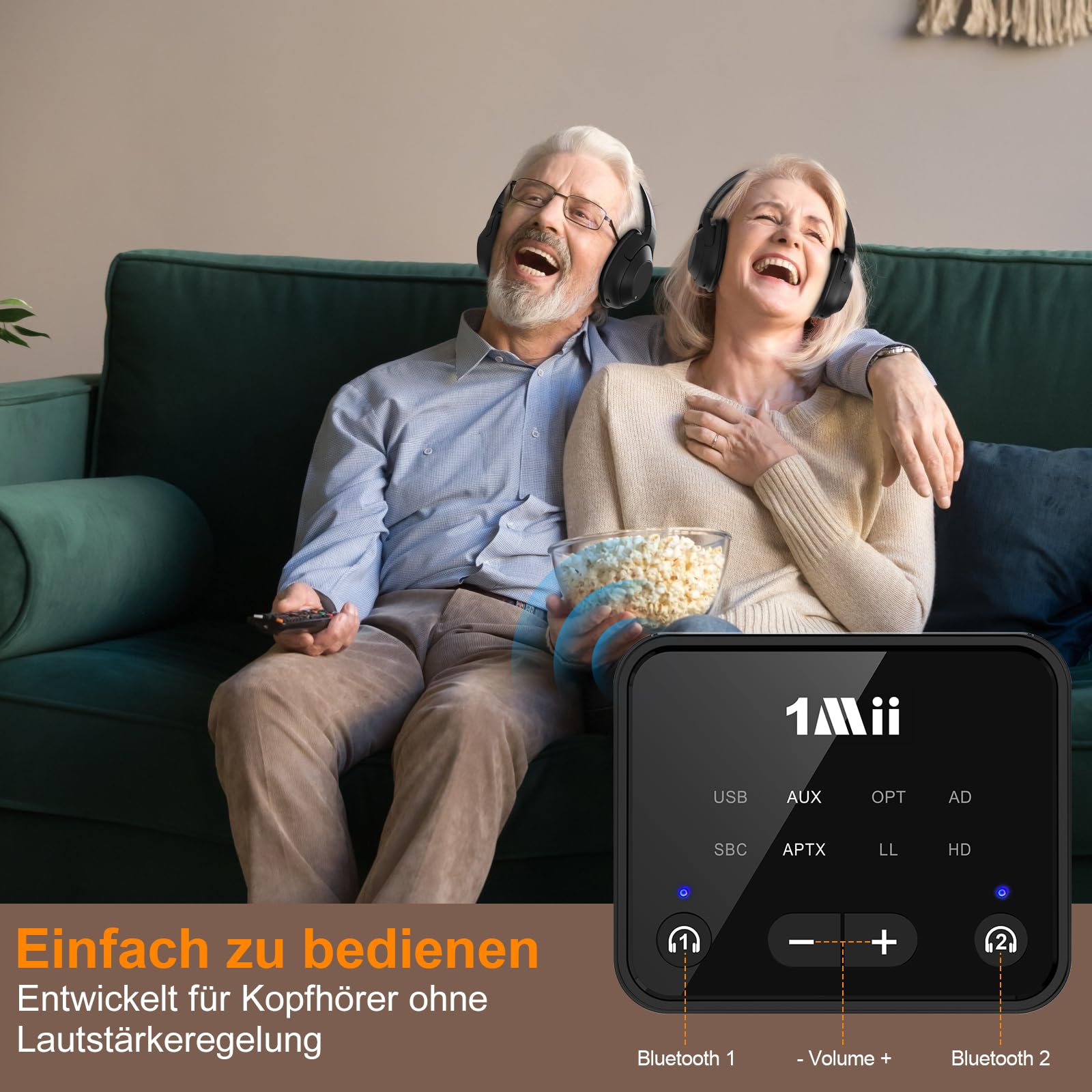1Mii NightPair Bluetooth 5.3 Transmitter für TV, aptX Low Latency/HD/Adaptive Audio Sender mit Dual Link für 2 Kopfhörer, Optisch/AUX/RCA, bis zu 30 m Reichweite