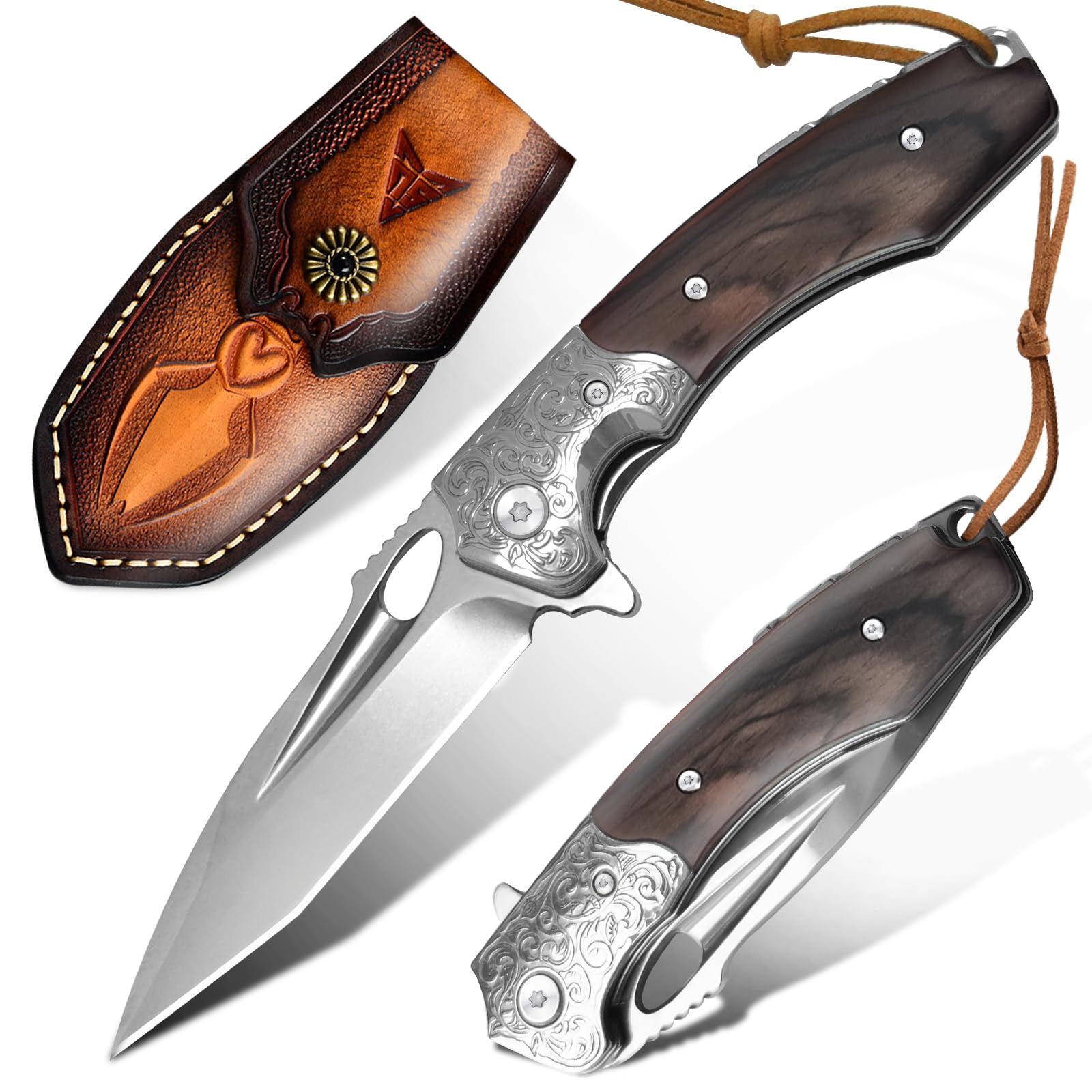 Hunting knife with Sheath, 7.87inch, Eagle brown Sharp Blade 3.6-inch M390 Steel Folding Pocket Knife with Brown Wood Steel Handle, Skinning Knife for Hunting, Fishing