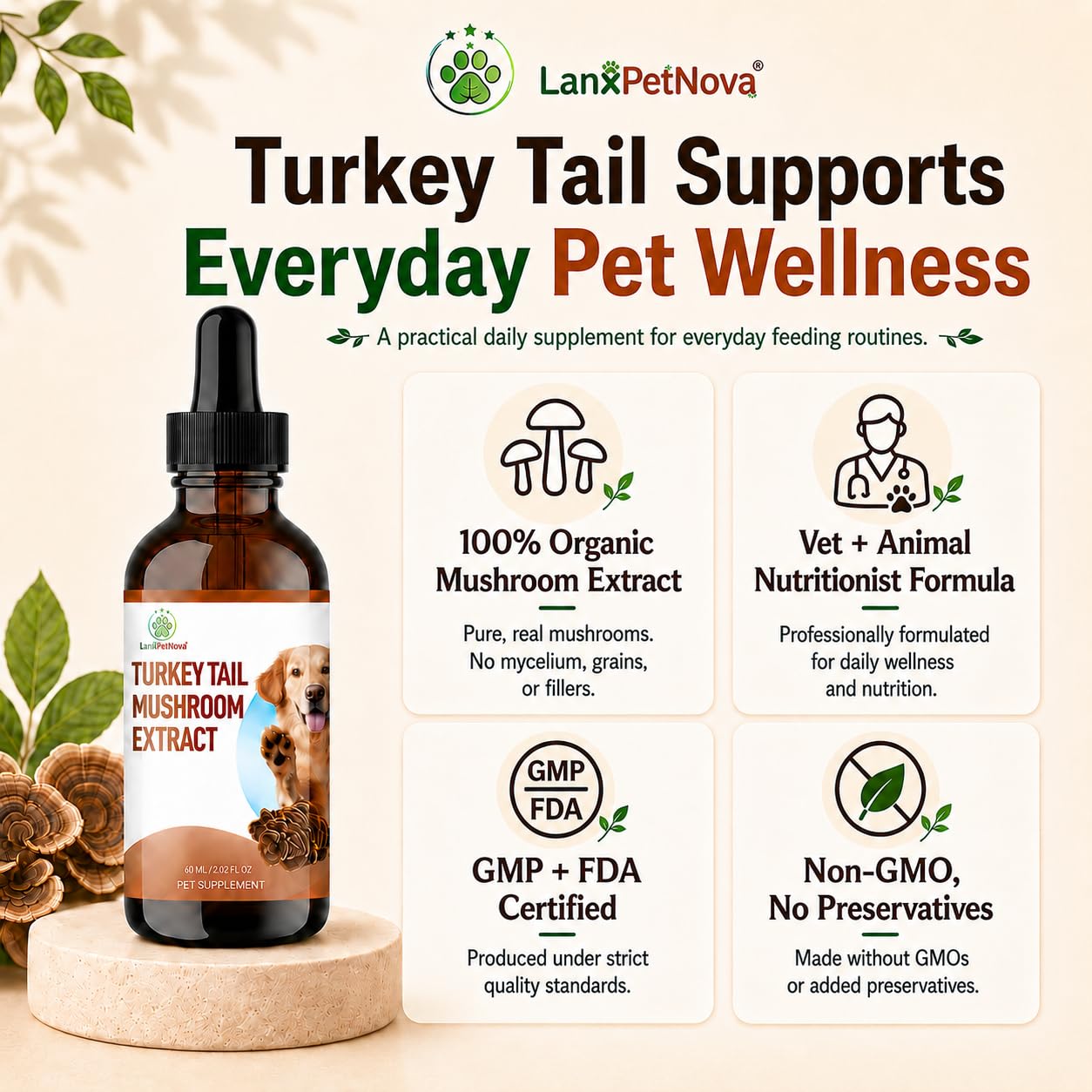 Extracto de Hongo Cola de Pavo para Perros y Gatos, Gotas Líquidas con Reishi, Chaga y Omega-3, para Mascotas Mayores, Sensibles y Debilitadas, Apoya el Sistema Inmunológico, Digestión, Vitalidad