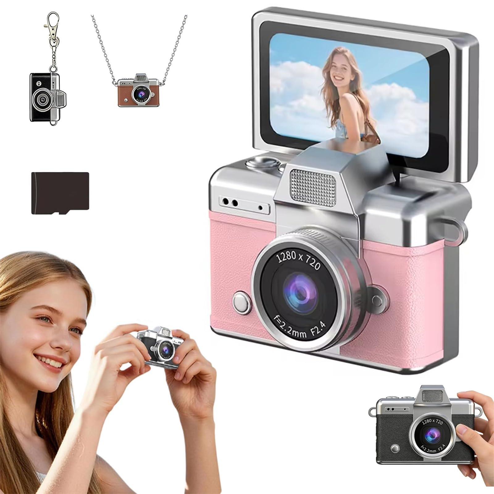 Mini Fotocamera Digitale Con Schermo Lcd Da 1,47 Pollici, Fotocamera Digitale Retrò Impermeabile Con Display Ribaltabile E Risoluzione 1080p, Fotocamera Tascabile Portatile E Compatta(Pink,32G)