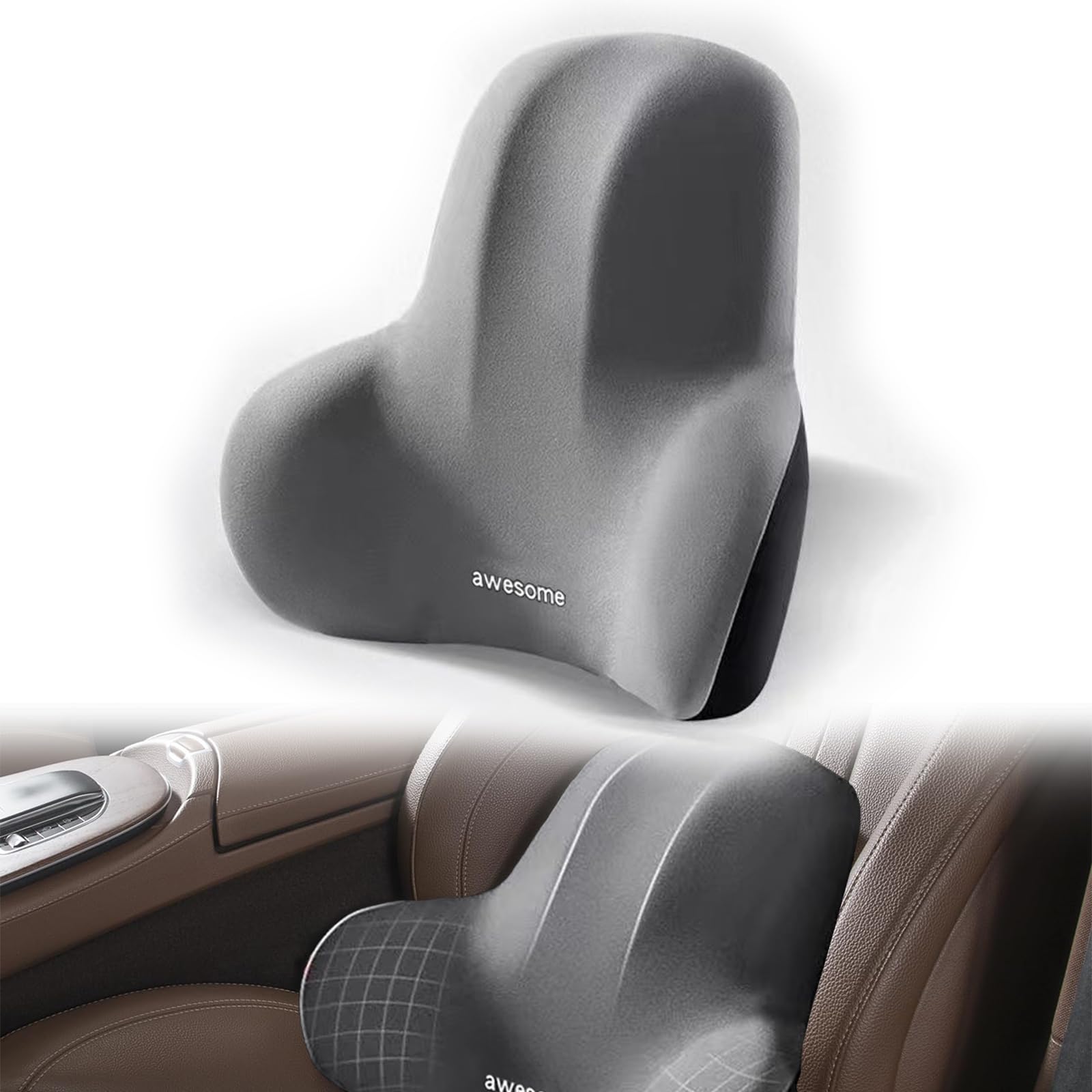 Cojin Lumbar Coche, Respaldo Asiento Coche con Esponja Memoria, Respaldo Lumbar Silla Oficina, Ergonómico, para la Silla de Oficina y Asiento del Coche (Cojín Lumbar Gris)
