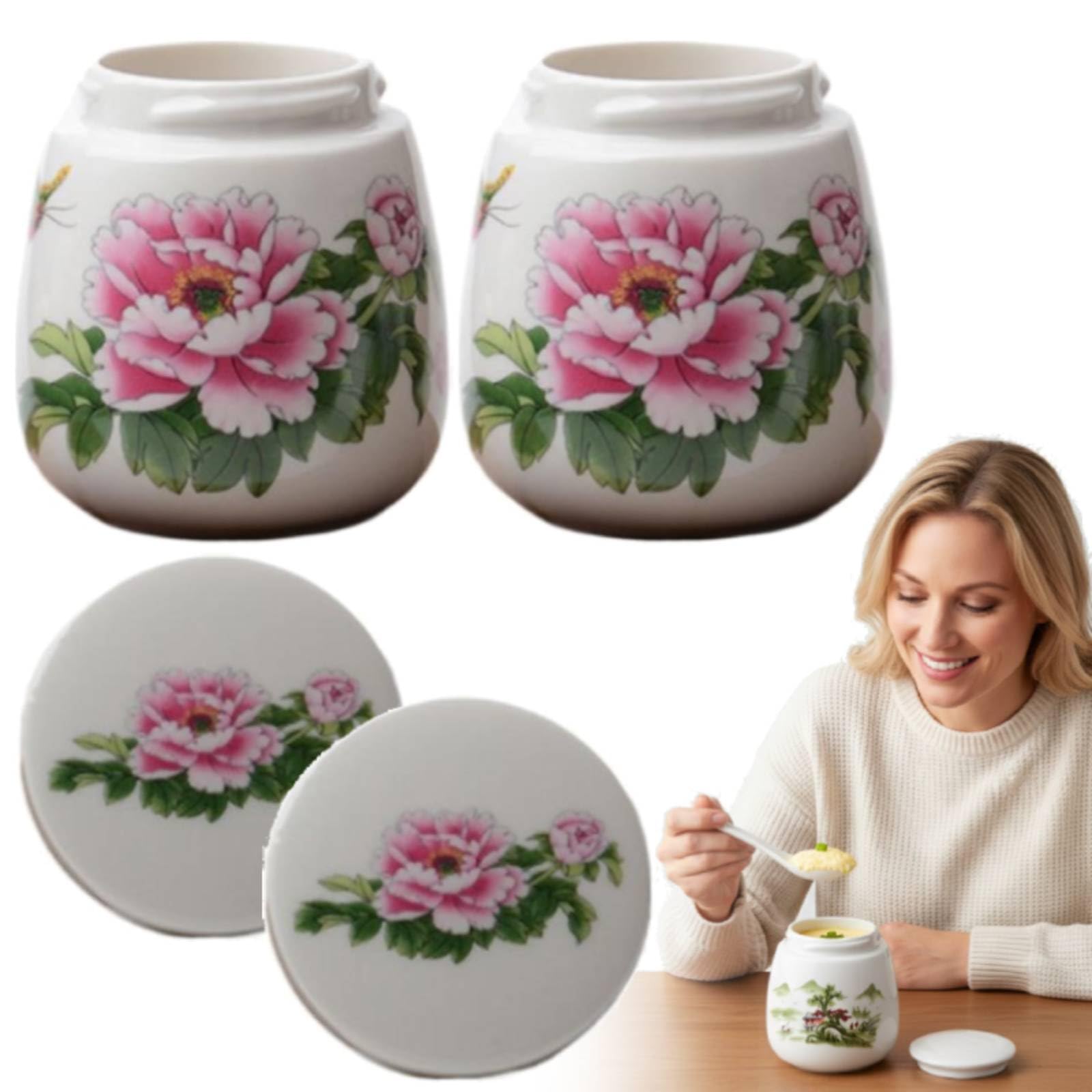 Coddled Eierbecher 2er Set, Vintage Keramik Weich Gekochte Eierkocher mit Deckel, 220ml Porzellan Geschirr für Frühstück, Gedämpfte Eier Schale, Chawanmushi Tassen