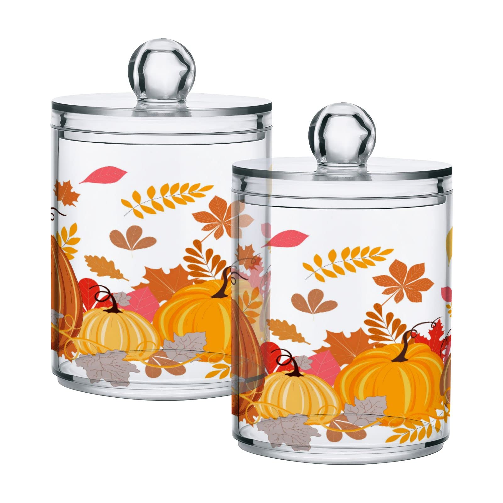 Autumn Leaves Pumpkins Qtip Dispenser Apothecary Jars Fall Thanksgiving Red Orange Bathroom Qtip Holder Storage Canister Plastic Jar 10 Oz for Cotton Ball Swab Round Pads Floss 2pcs