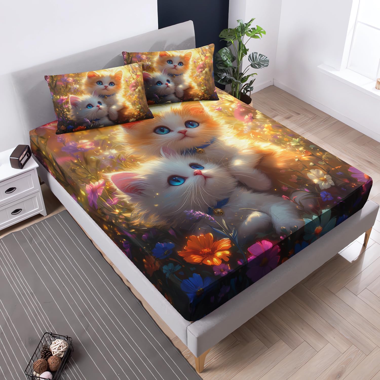 Cute Cat Toddler Bedding Set Full Size,Colorful Floral Bedding Sets for Kids Girls Bedroom Decor Aesthetic,Kawaii Animal Themed Fitted Sheet Sets,1 Fitted Sheet+2 Pillowcases.