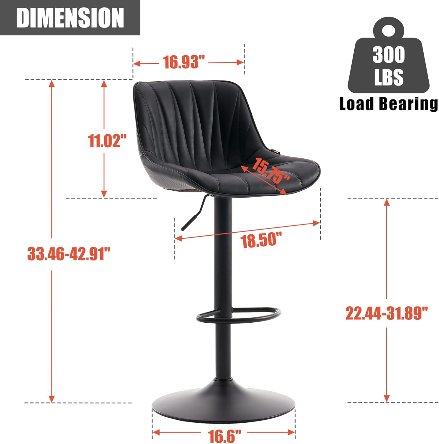Rowill Bar Stools Set of 2 Black Adjustable Swivel Counter Height Barstools PU Leather Pub Chairs Upholstered Modern Kitchen Island Stools with Back Footrest