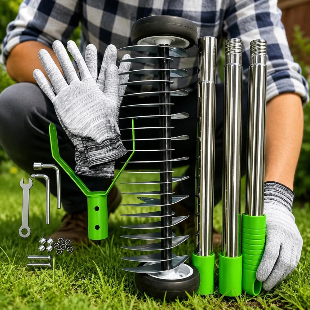Manueller Hand-Vertikutierer & Rasenlüfter auf Rädern mit 130cm Stiel & Gartenhandschuhen, Aerifizierer mit 21 verzinkten Stahl-Klingen, Rollrasenlüfter für optimale Rasenpflege & Moosentfernung