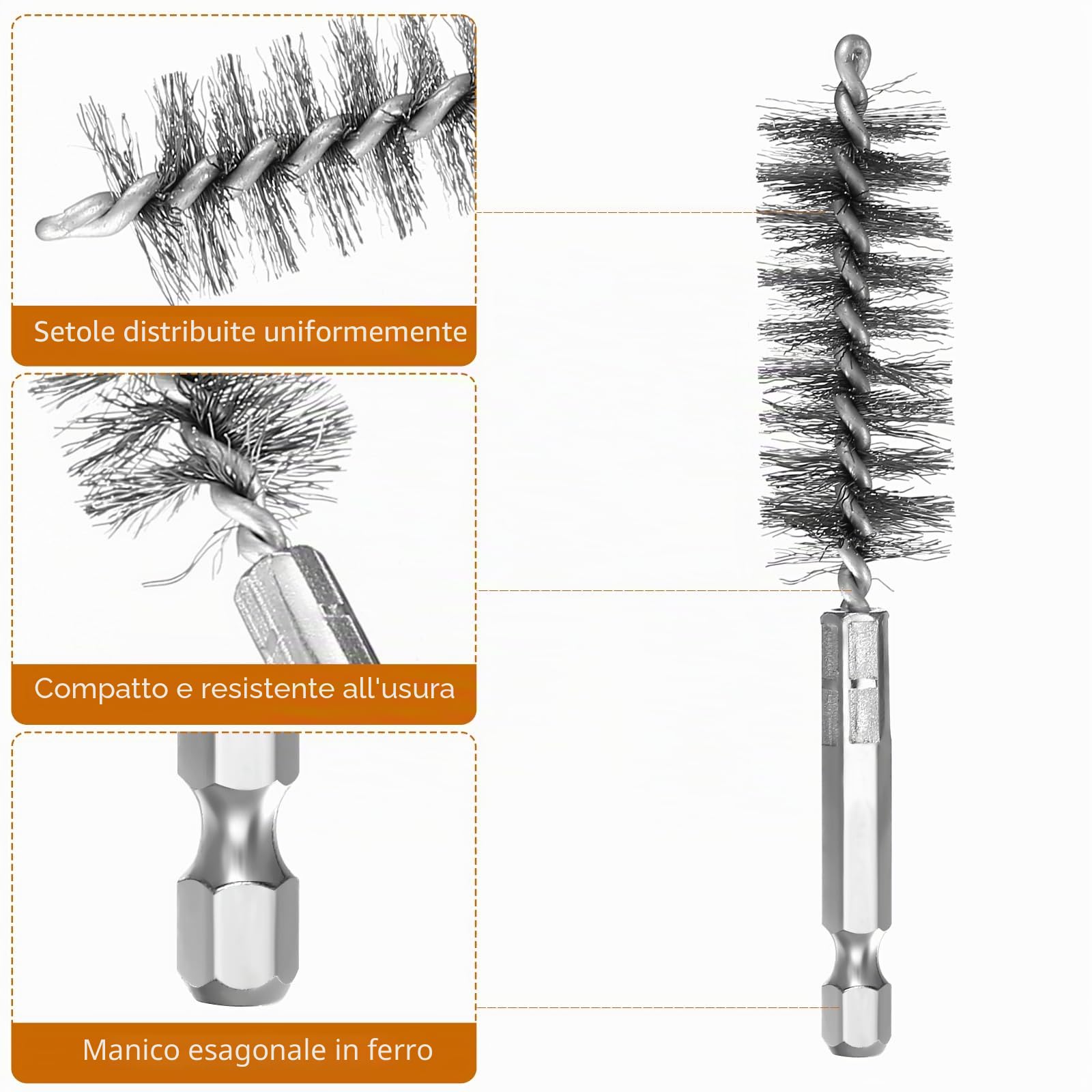 Set di 12 Spazzole Metalliche: 6 in Acciaio Inox e 6 in Rame, Cilindrica Rotonda con Asta Esagonale, Forata per Lucidatura, Levigatura, Rimozione