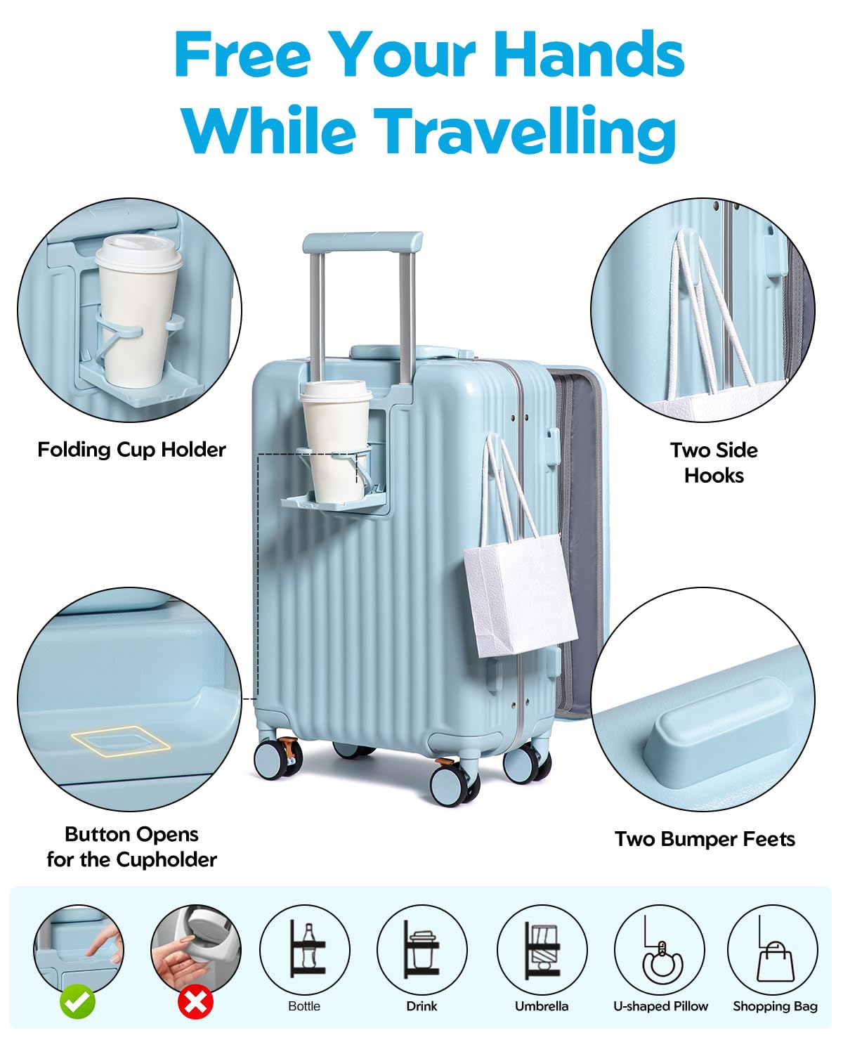 Somago Valigia leggera con portabicchieri e porta USB telaio in alluminio in policarbonato Spinner valigia rigida con serratura TSA, Azzurro chiaro, 24 Inch Checked Luggage, Leggero Pc Luaage Con