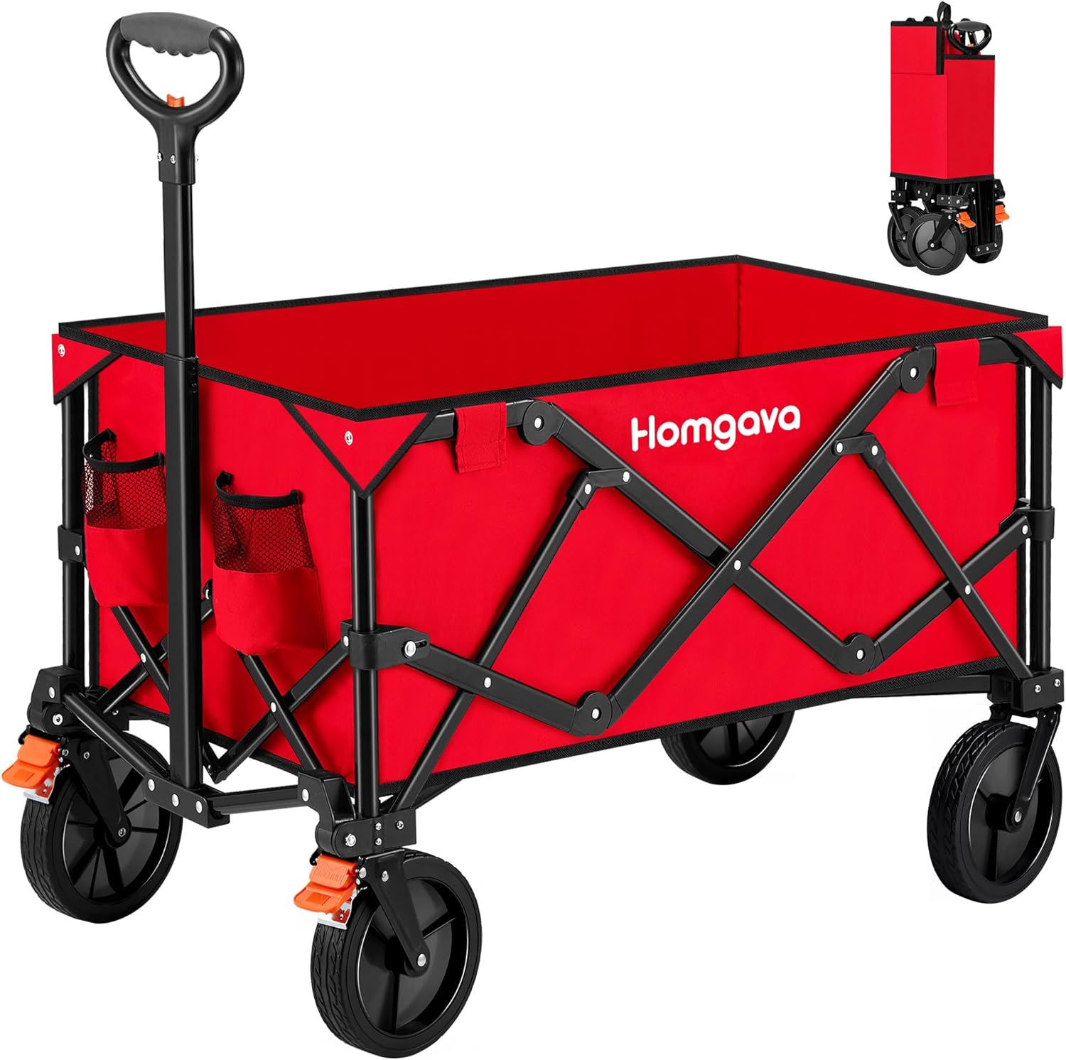 Collapsible Folding Wagon Cart with Brakes,Heavy Duty Garden Cart with All Terrain Wheels,Portable Large Capacity Utility Wagon Cart for Camping Fishing Sports Shopping,Red & Orange