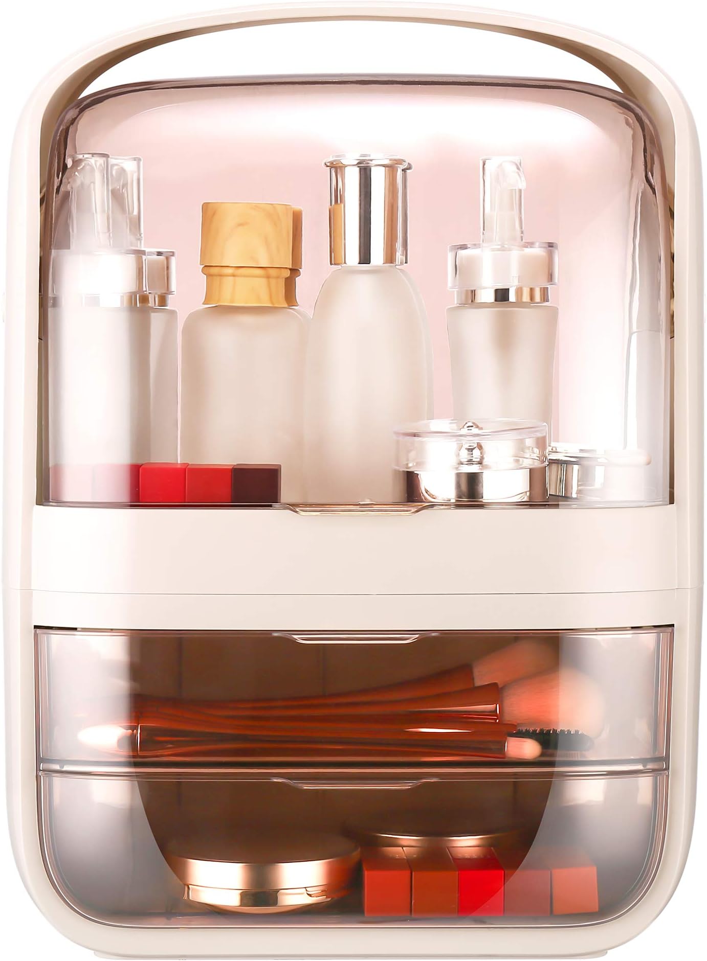 Makeup Organizer Cosmetic Box Dustproof and Waterproof Makeup Storage Box for Jewelry Large Capacity Cosmetic Holder Display Case with Handle(Pink) …