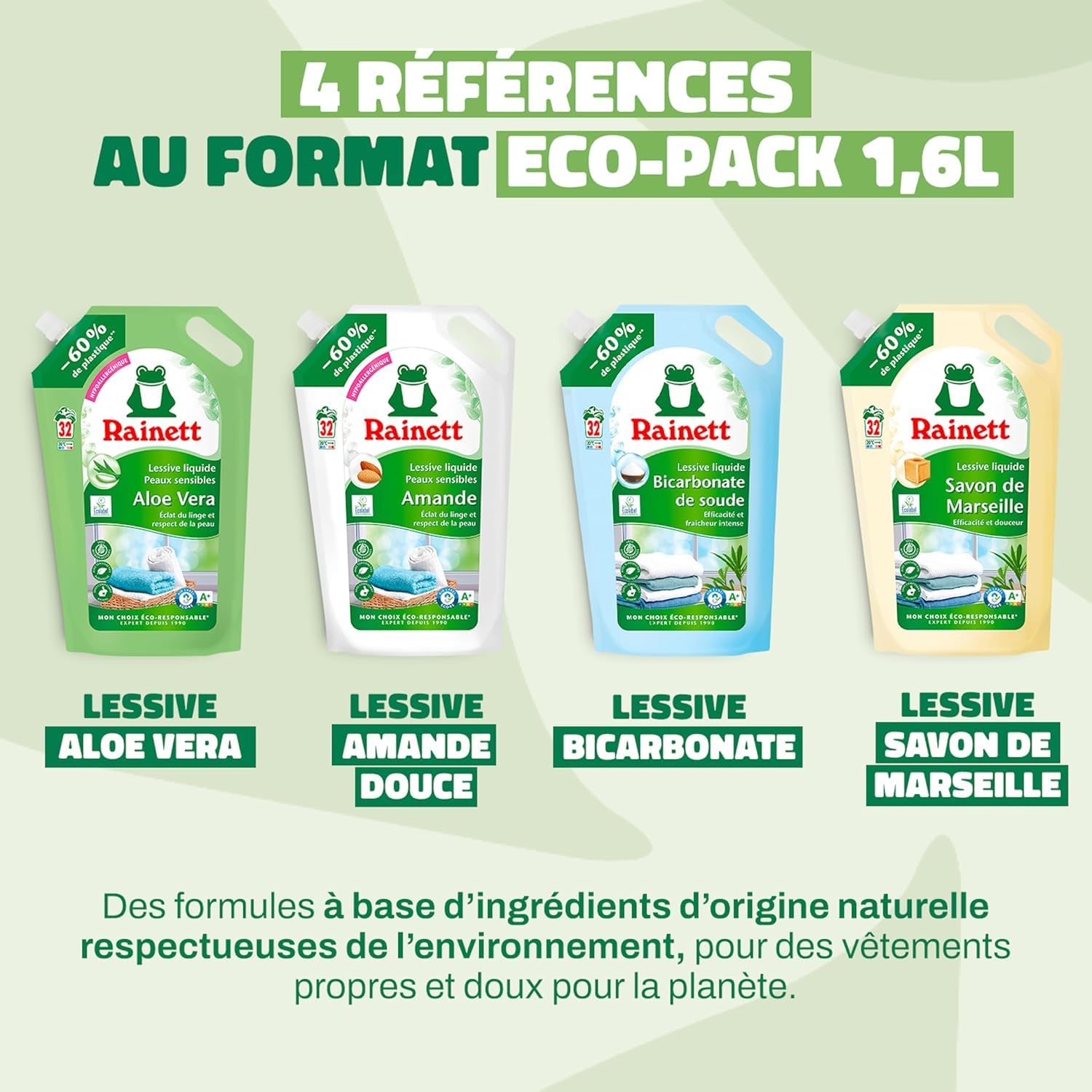 RAINETT - Lessive Liquide - Tensioactifs d'Origine Végétale - Efficace Dès 20° - Ecolabel - Bicarbonate - 160 Lavages - Éco-Recharge Pack de 5 x 1,6 L