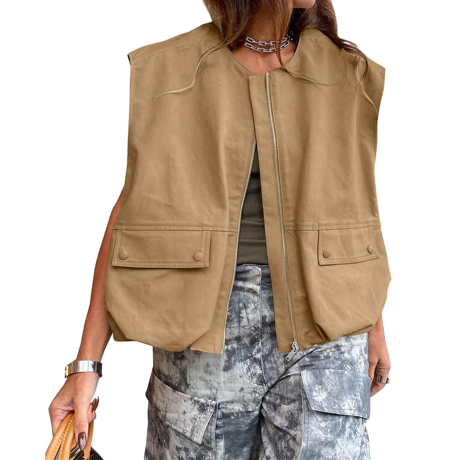 Blazer Vest for Women Casual Zip Up Cargo Vest Oversized Lightweight Ruched Hem Sleeveless Blazer Jackets with Pocket