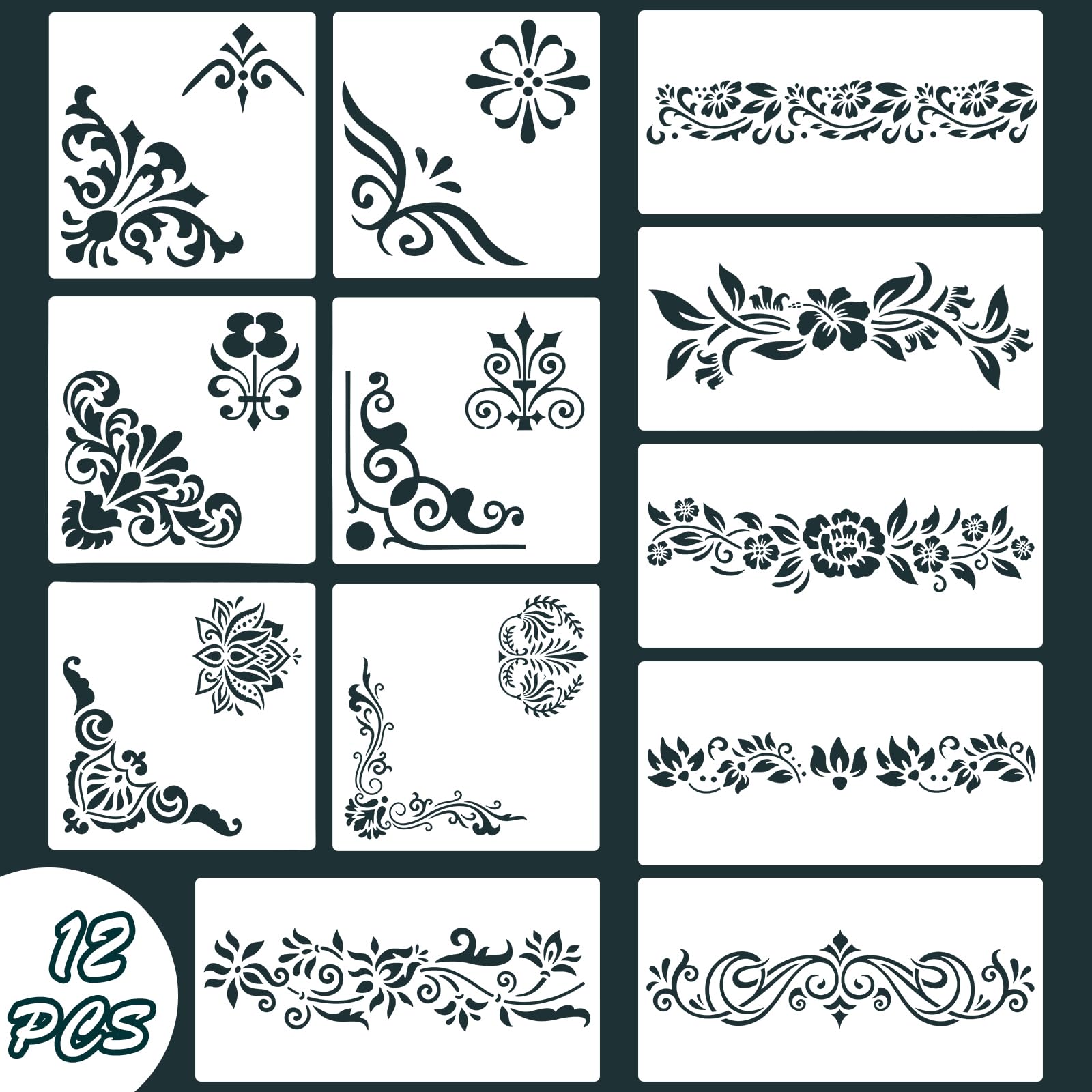 Qpout 12 Pezzi Stencil per Bordi di Fiori per Pittura, Stencil di Bordi per Disegno di Totem Tribale Fiore per Dipingere su Parete Mobili in Legno Pannello in Porcellana Wallpaper, Paper, Fabric