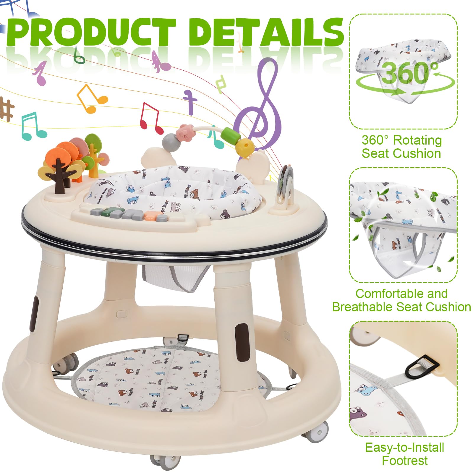 Trotteur Bébé, Réglable en Hauteur avec Siège Pivotant à 360°, Babywalker avec Roues Silencieuses à 360° et Plateau D'activités Musical Amovible,Anti-renversemen,9-18 Mois et Plus