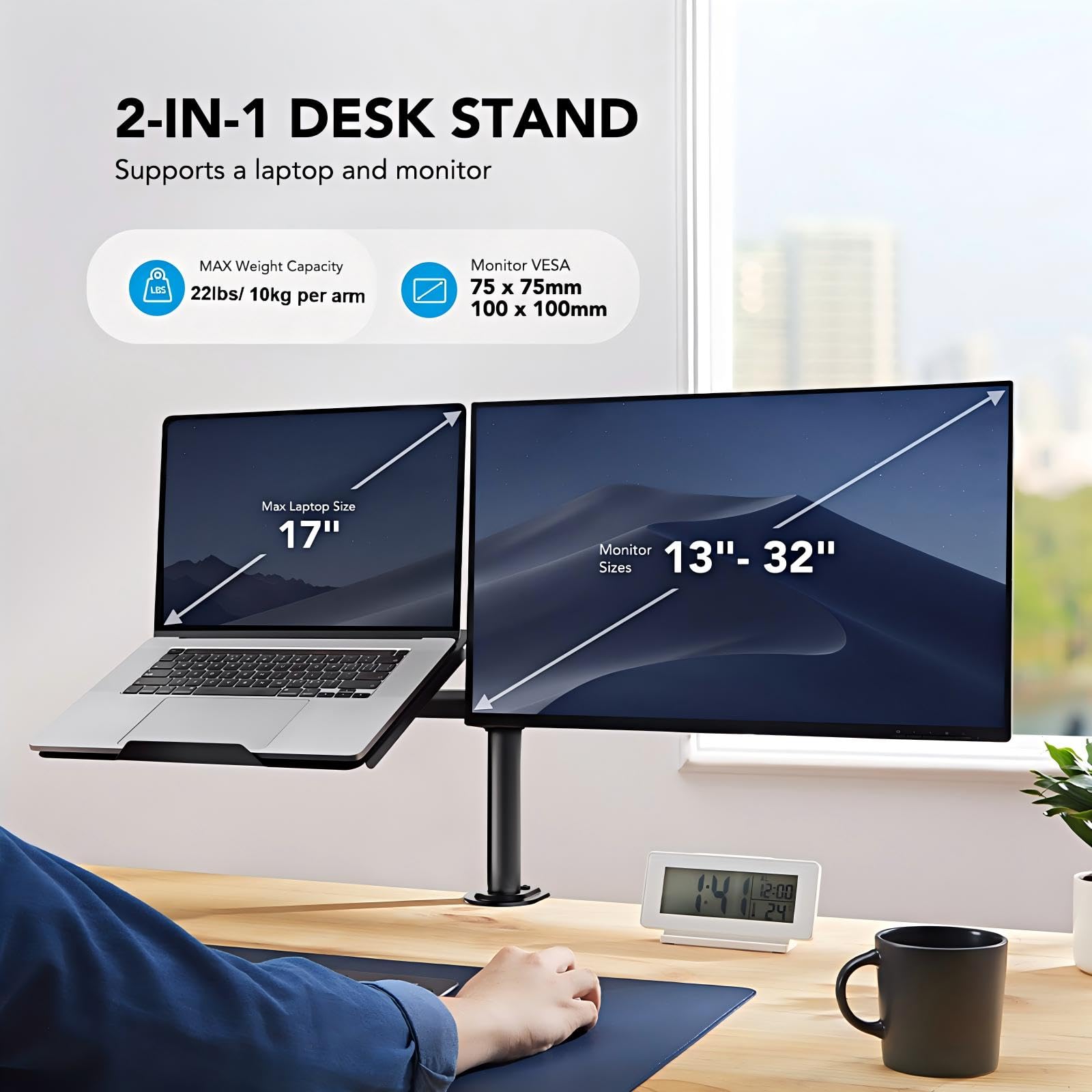 HUANUO Ramię monitora z tacą na laptopa, w pełni regulowane dla 13-27-calowego ekranu LED LCD i do 15,6-calowego notebooka, 2 opcje montażu