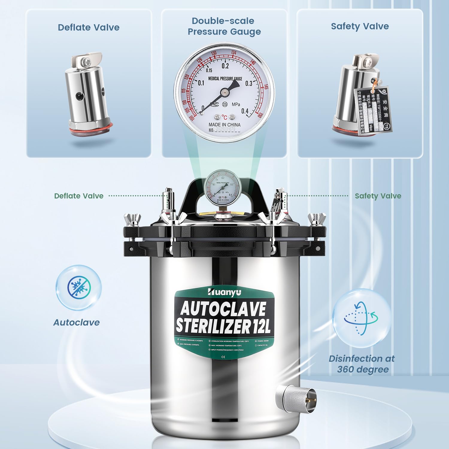 Huanyu Autoclave Esterilizador de Alta Presión Esterilización de Vapor Disinfect Dispositivo para Uso de Laboratorio/Dental/Mascota/Hospital | 126℃-128℃ | 0.145-0165MPa (12L)
