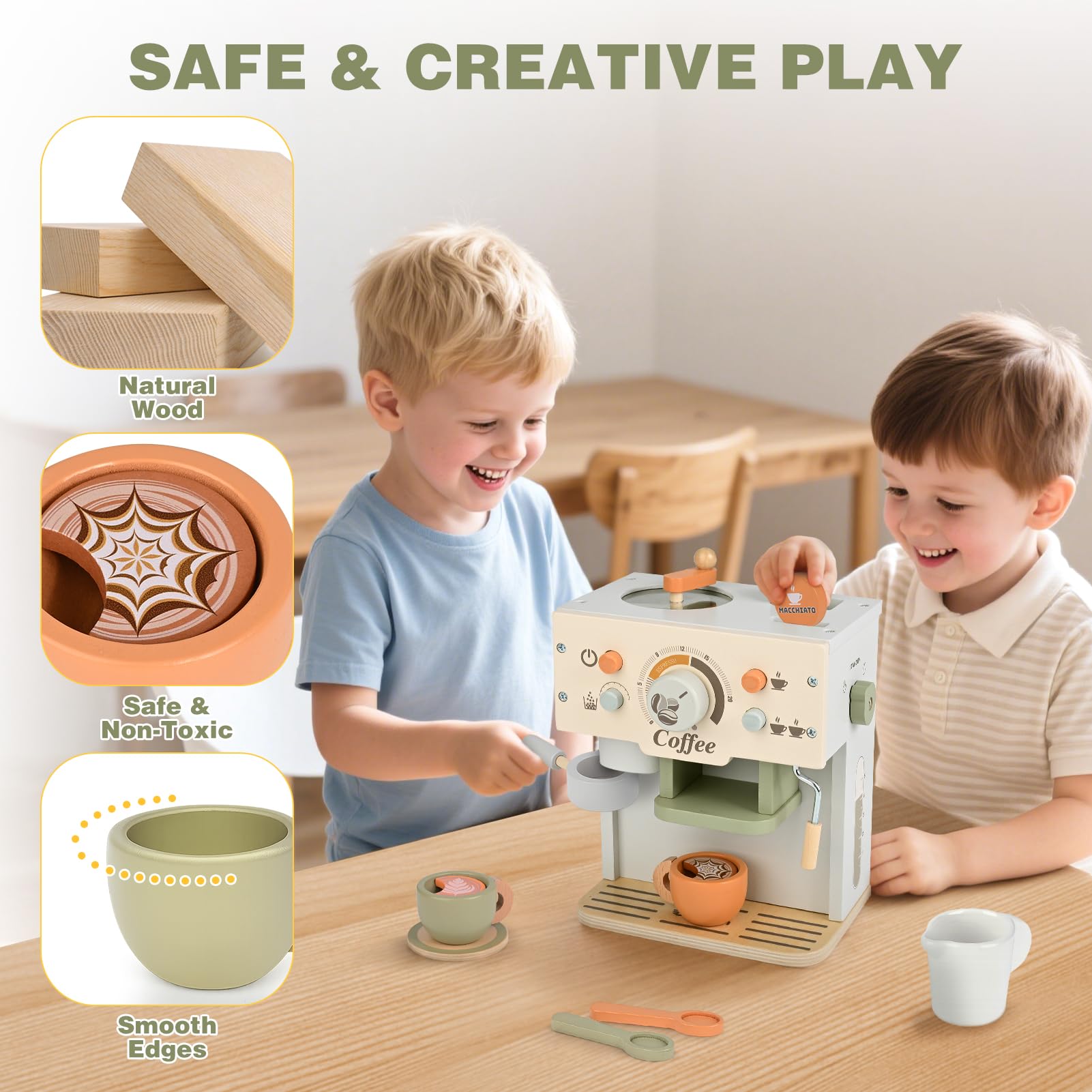 Dreamon Kaffeemaschine Kinder Holz, Kinderküche Zubehör 15 Teile, Montessori Spielzeug, Küchengeräte Kaffeeset Kinder Spielzeug, Küchen Spielzeug Geschenke Jungen und Mädchen ab 3 4 5 Jahre