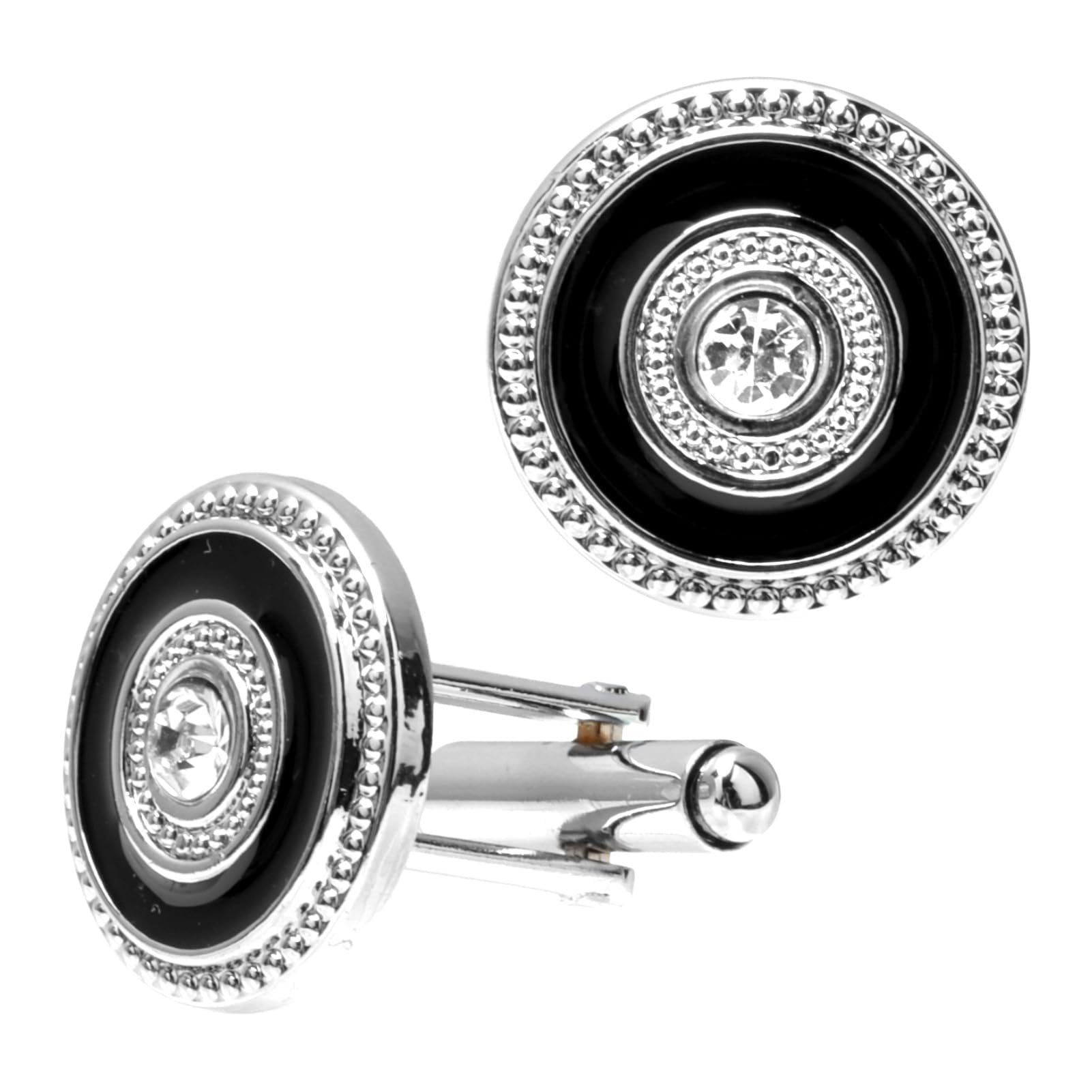 GenericSilver Cufflinks Classic French Round Shape Transparent Crystals Cuff Button Fashion Enamel Cuff Link Men Elegant Style Shirt Cuff Links for Business Wedding Birthday Party Anniversary Events