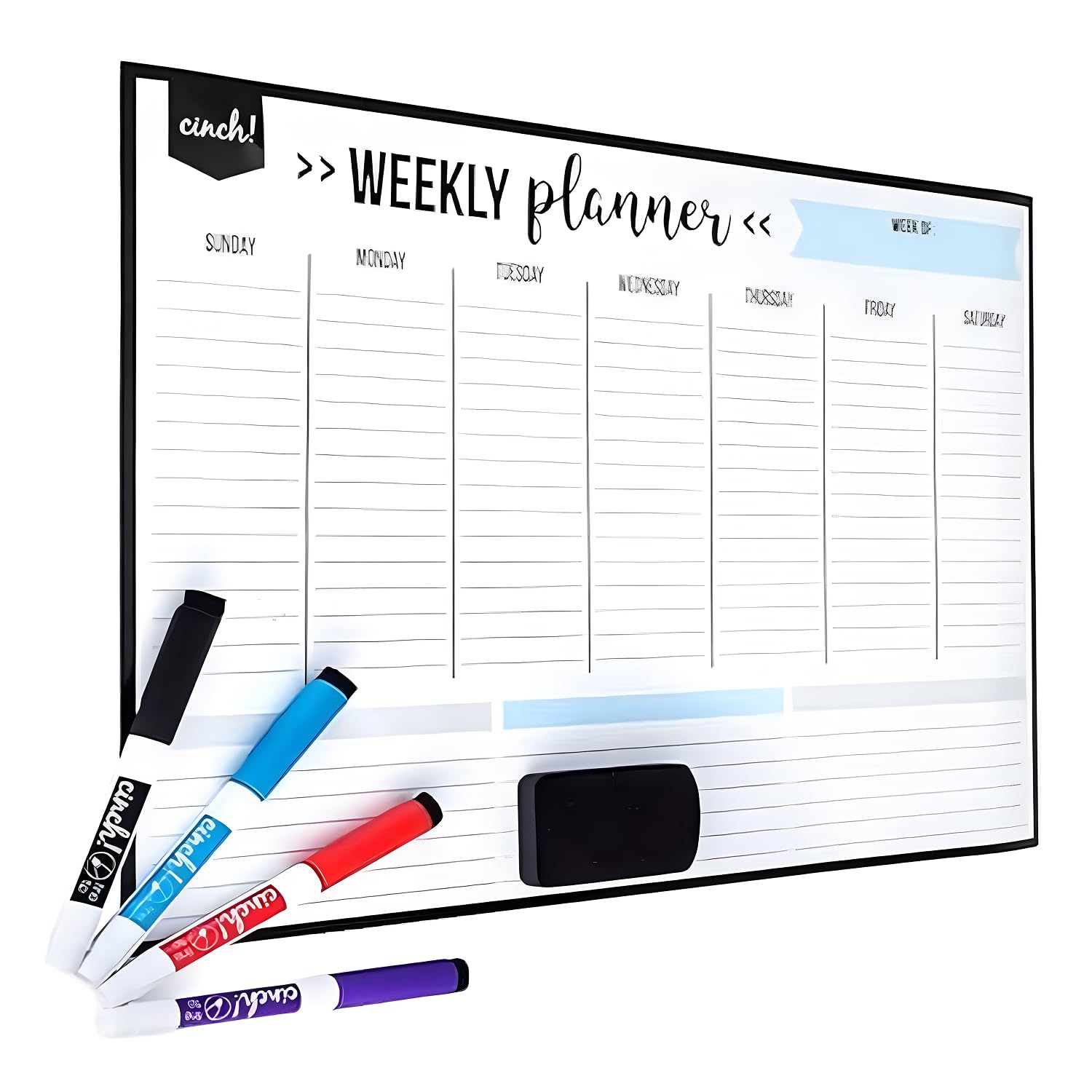 Cinch! Weekly Planner - 17x12-Inch Magnetic Weekly Calendar for Fridge and Meal Planner - Stain Resistant Dry Erase Whiteboard with 4 Fine Tip Markers and Eraser for Easy Scheduling