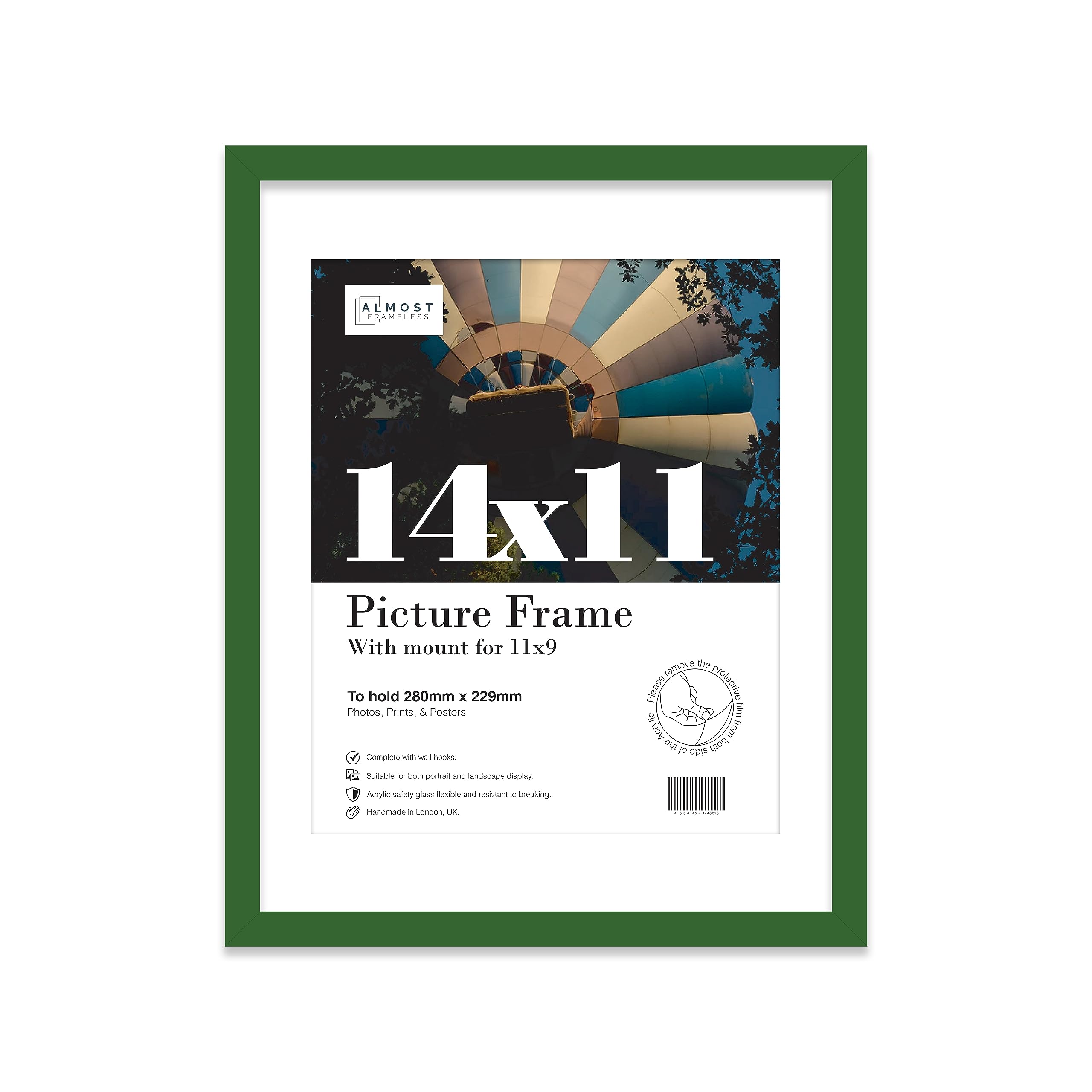 Almost Frameless 14x11 Green Picture Frame With Mount for 11x9 Print, Poster or Photo Poster, Photo, Artwork, or Print. Thin Edge Slim Frame Portrait and Landscape Display with Wall Hooks