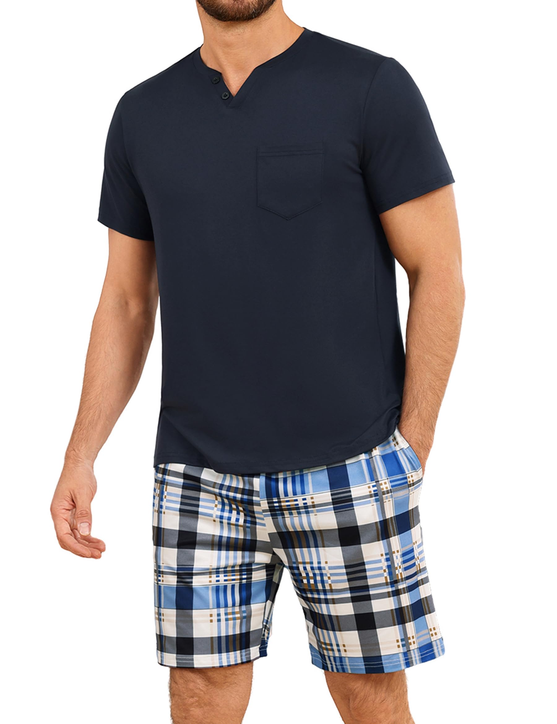 Leversic Zweiteiliger Schlafanzug Herren Kurz Baumwolle mit Karierter V-Ausschnitt, Shorty Pyjama Herren Set Sommer Nachtwäsche Pajamas for Männer