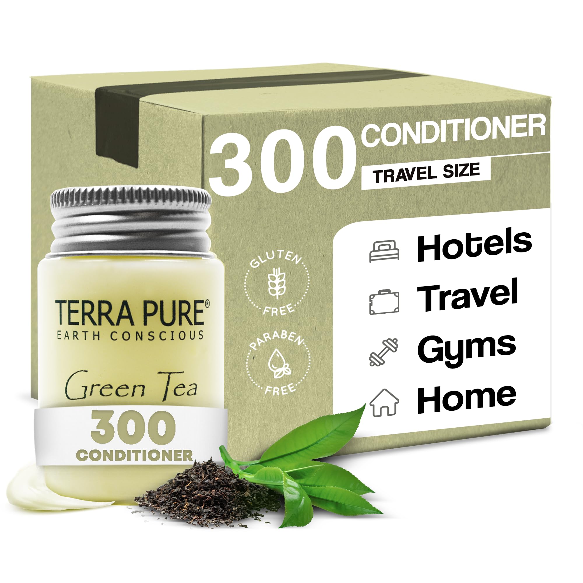 Travel Size Hotel Conditioner 300 Count 1 oz Bottles Guest Amenities for Hotels Vacation Rentals and Short Term Rentals Paraben Free Green Tea Scent Infused with Aloe and Olive Oil by Terra Pure)