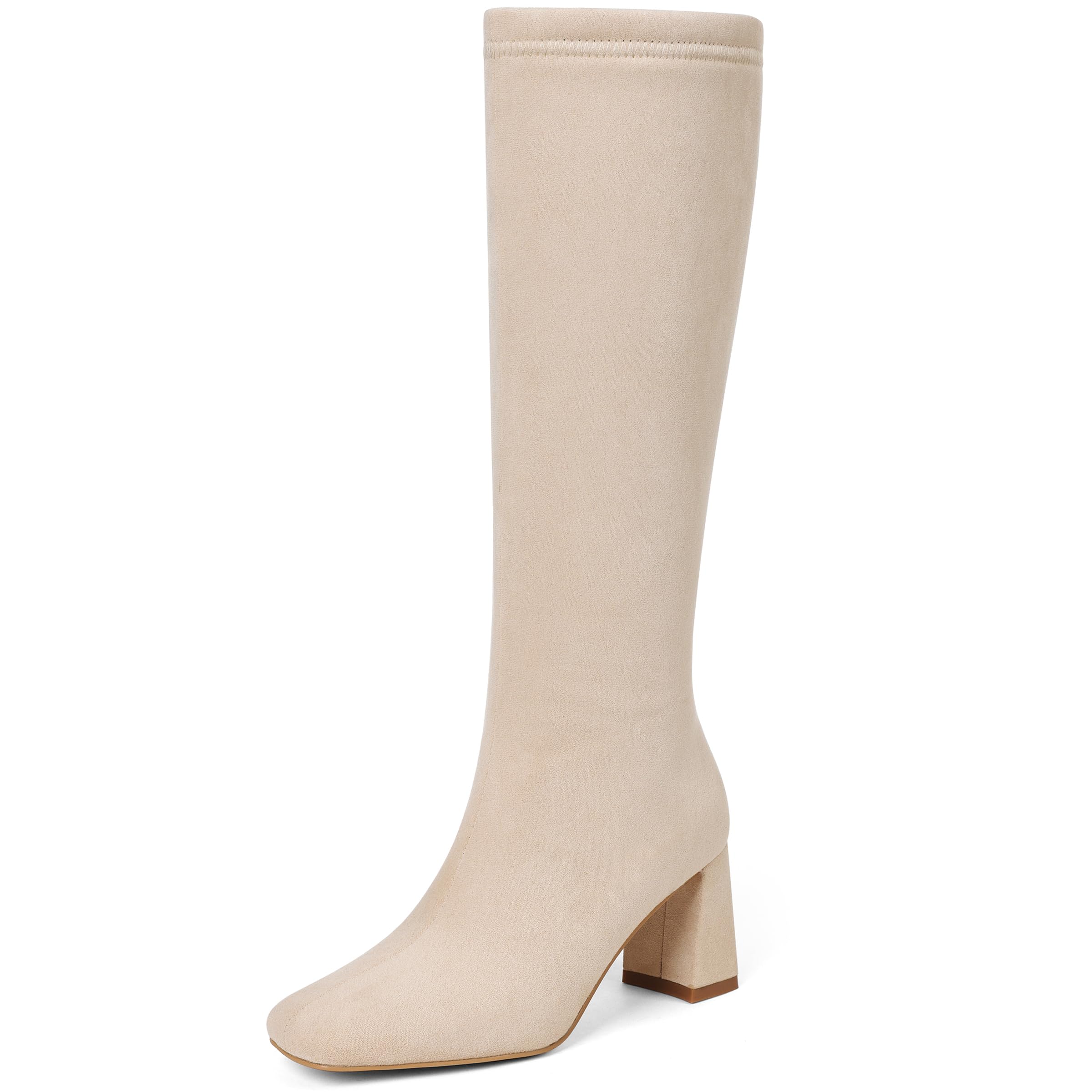 Eteridrey Square Toe Knee High Boots for Women Wide Calf Low Chunky Heel Tall Boots Comfortable Fashion Dress