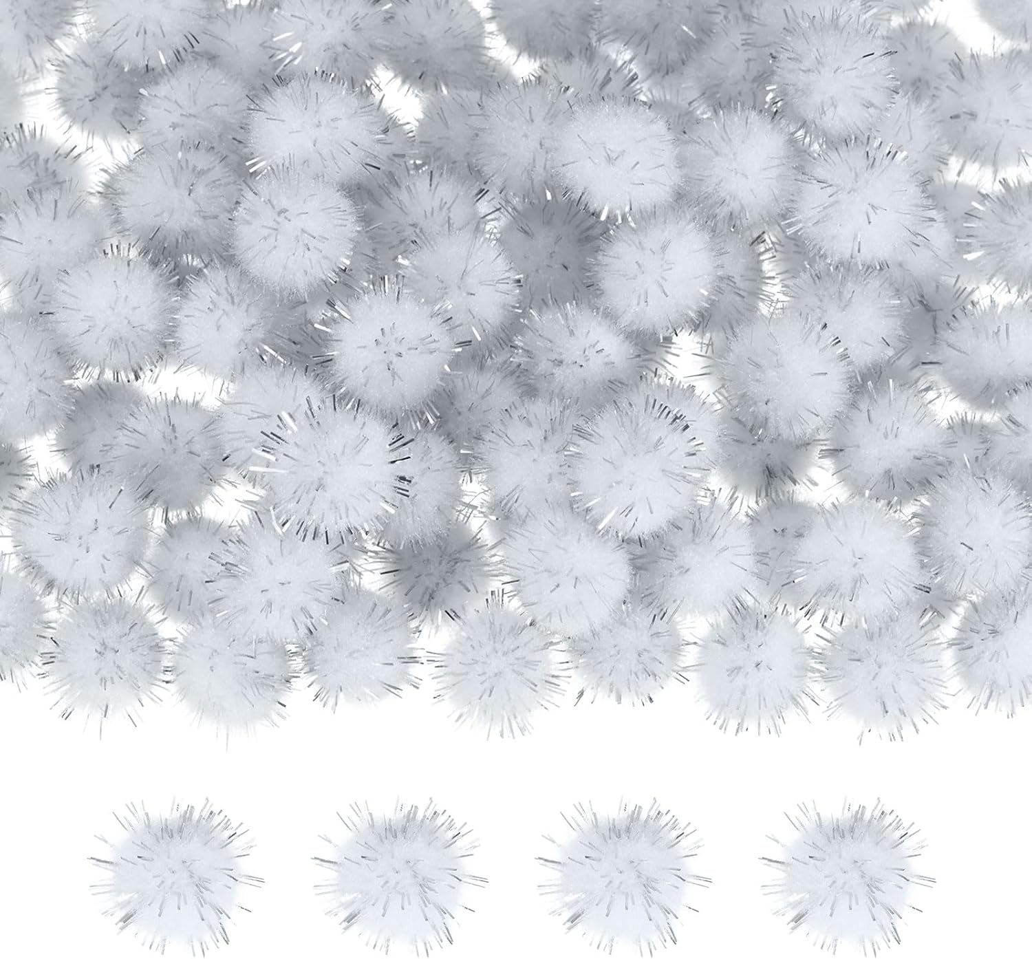 M METERXITY 100-Pack Glitter Pom Pom Balls, 0.6 in/1.5 cm Mini Tinsel Sparkle Balls for Arts/DIY Crafts/Party Decoration/Christmas/Cat, Soft Assorted Puff Ball [White]