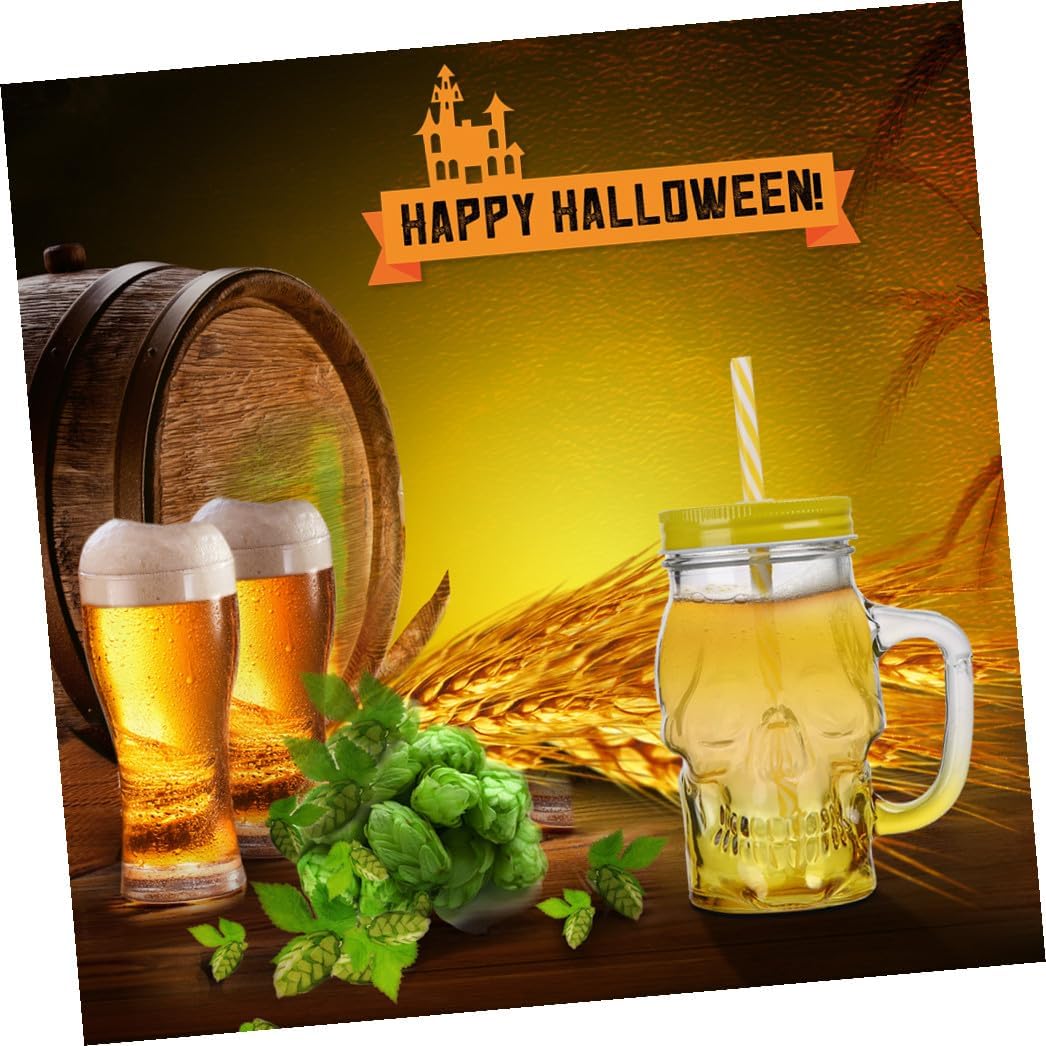 Halloween Gradient Skull Glass Beer Mugs 500ml with Handle, Glass Beverage Cups for Halloween Party, 2pcs with Random Lid and Straw Colors Random Color