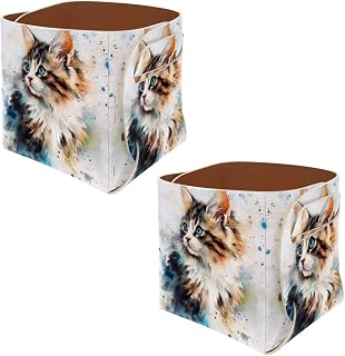 2 Pack Collapsible PU Leather Storage Box Decorative Small Desk Organizer for Pen Pencil Jewelry Makeup Accessories Storage, Watercolor Art Cat