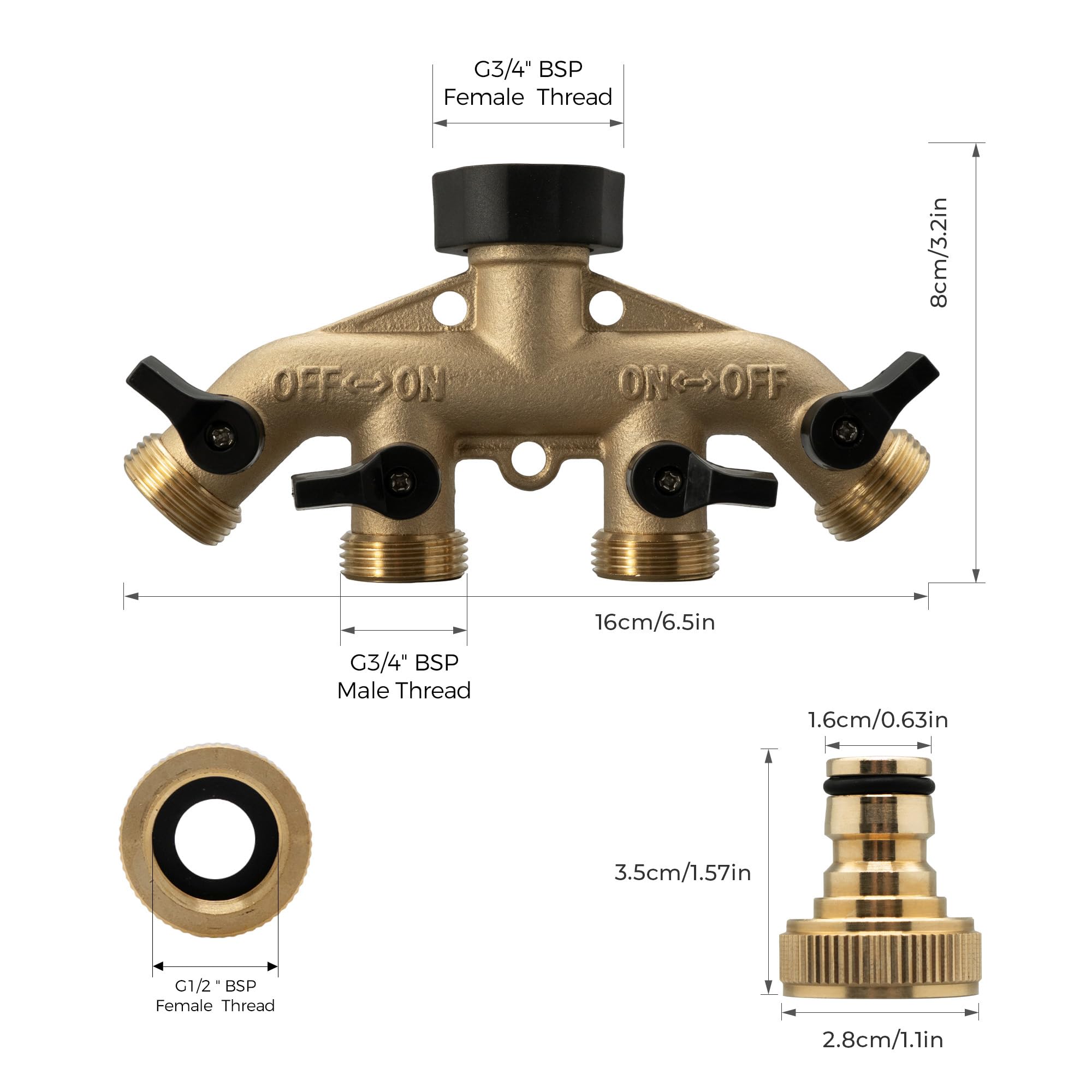 VANCOCO 4-Wege Wasserverteiler 3/4 Zoll Messing mit Schnellkupplung und 1/2 Zoll Adapter, Gartenschlauch Verteiler für Bewässerungssystem, Hochfester Wasseranschluss Adapter