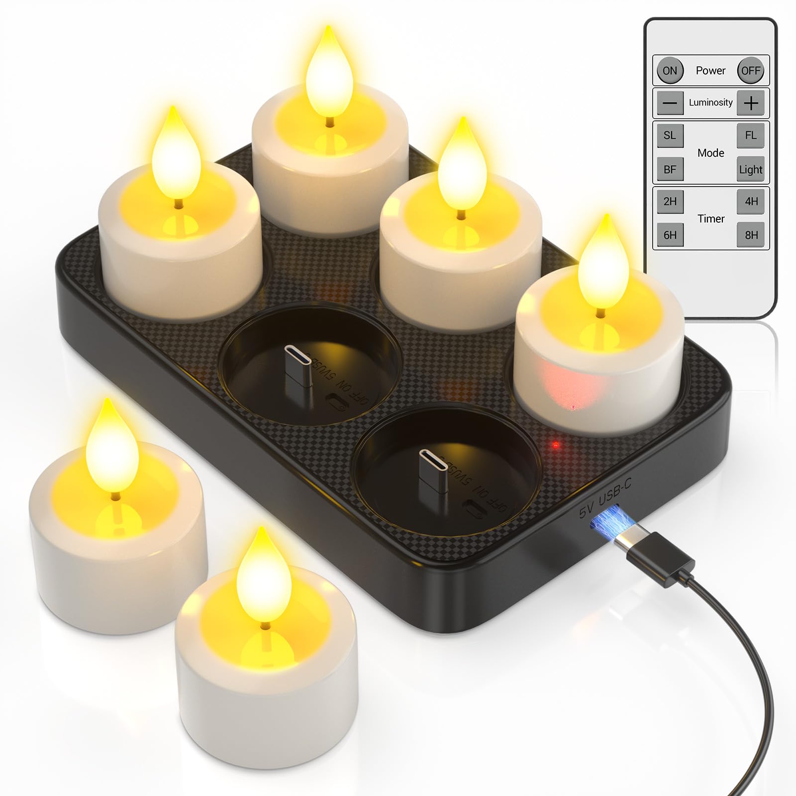 SoulBay LED Teelichter Wiederaufladbar mit Timer Ladestation, 6er Aufladbare LED Teelichter Elektrische Kerzen Flackernd mit Fernbedienung für Party Zimmer Wohnzimmer Halloween Weihnachten Deko