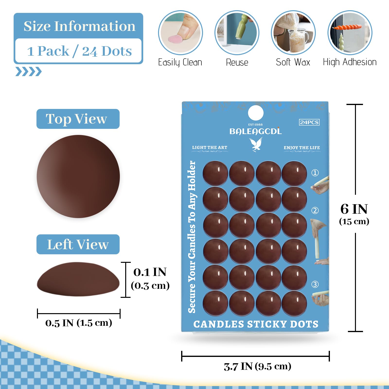 Candle Sticky Dots - Brown Wax Candle Adhesive Dots - Unscented Wax Adhesive Plates for Secure Candle Placement - Candle Accessories-Easy Clean and Traceless Adhesive - Pack of 24