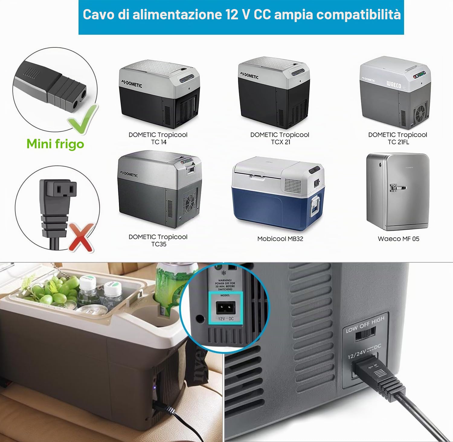 KFD Cavo di ricambio per scatola frigo da 12 V/24 V, per DOMETIC Tropicool TCX 21, TB 08, TC 21FL, TC 14, TC 35, Mobicool MB32, Waeco MF 05 per auto, mini frigorifero Caricabatterie per auto