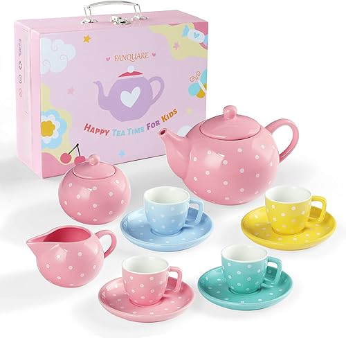 fanquare Juego de té de porcelana para niñas y adultos, juego de té colorido de 12 piezas con caja de regalo para fiestas de té en casa y cumpleaños