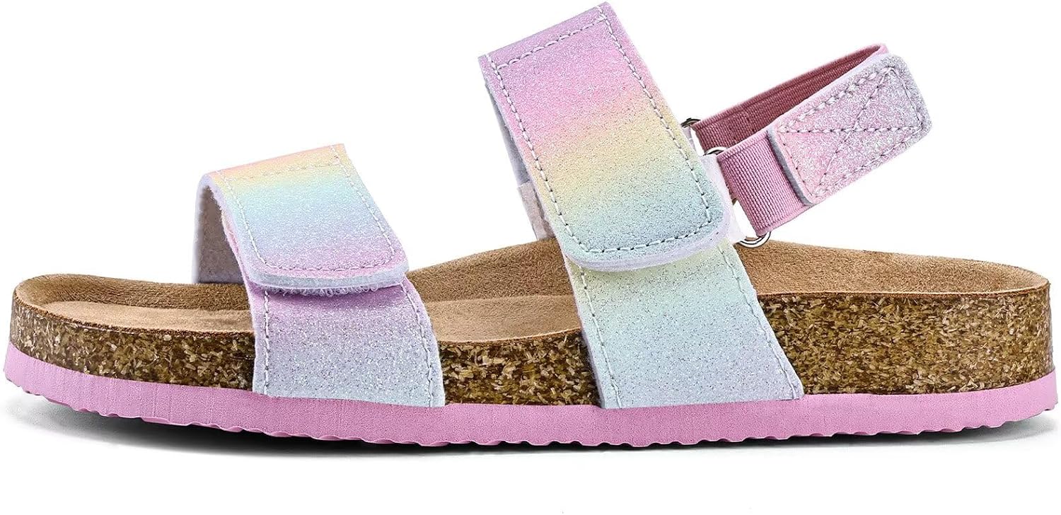 Torotto Girls Boys Sandals with Cork Footbed Adjustable Straps Summer Glitter Slides Sandals Open Toes Flat for Kids Toddler
