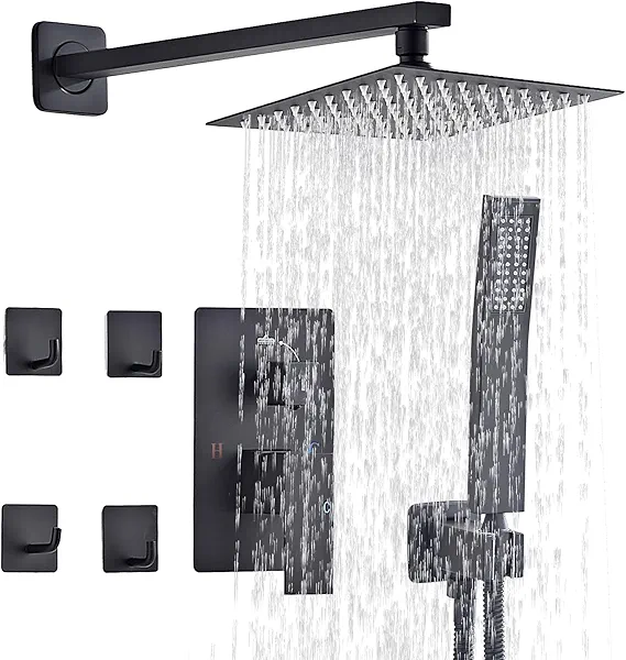 Shower Faucet Set Matte Black Complete Shower System with 8 Inches Rain Shower Head and Handheld Spray Bathroom Rain Shower Faucet Set Rainfall Shower System with Shower Valve