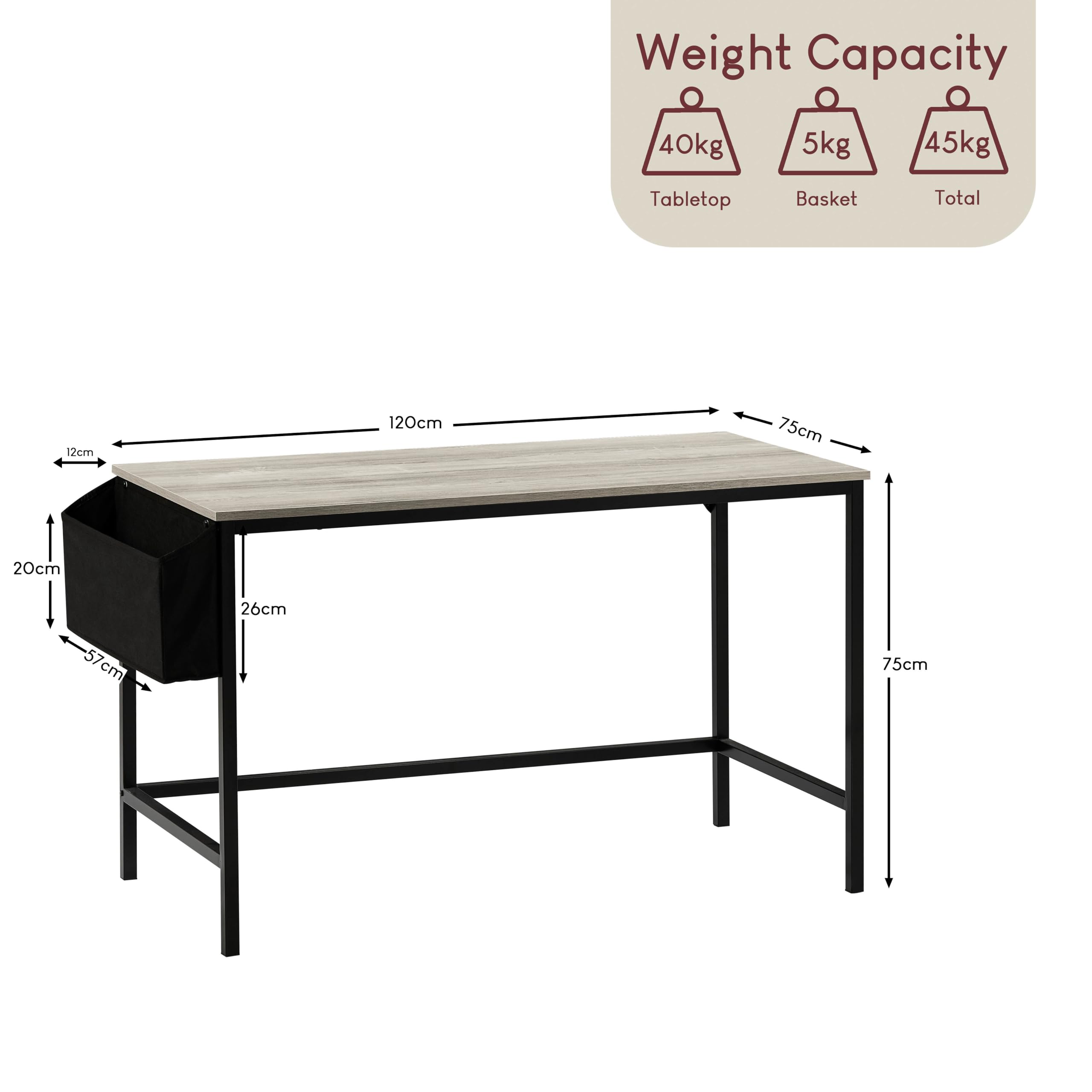 Vida Designs Brooklyn, grande scrivania per computer da 120 cm, con contenitore, scrivania per casa e ufficio, scrivania moderna in stile industriale (grigio)