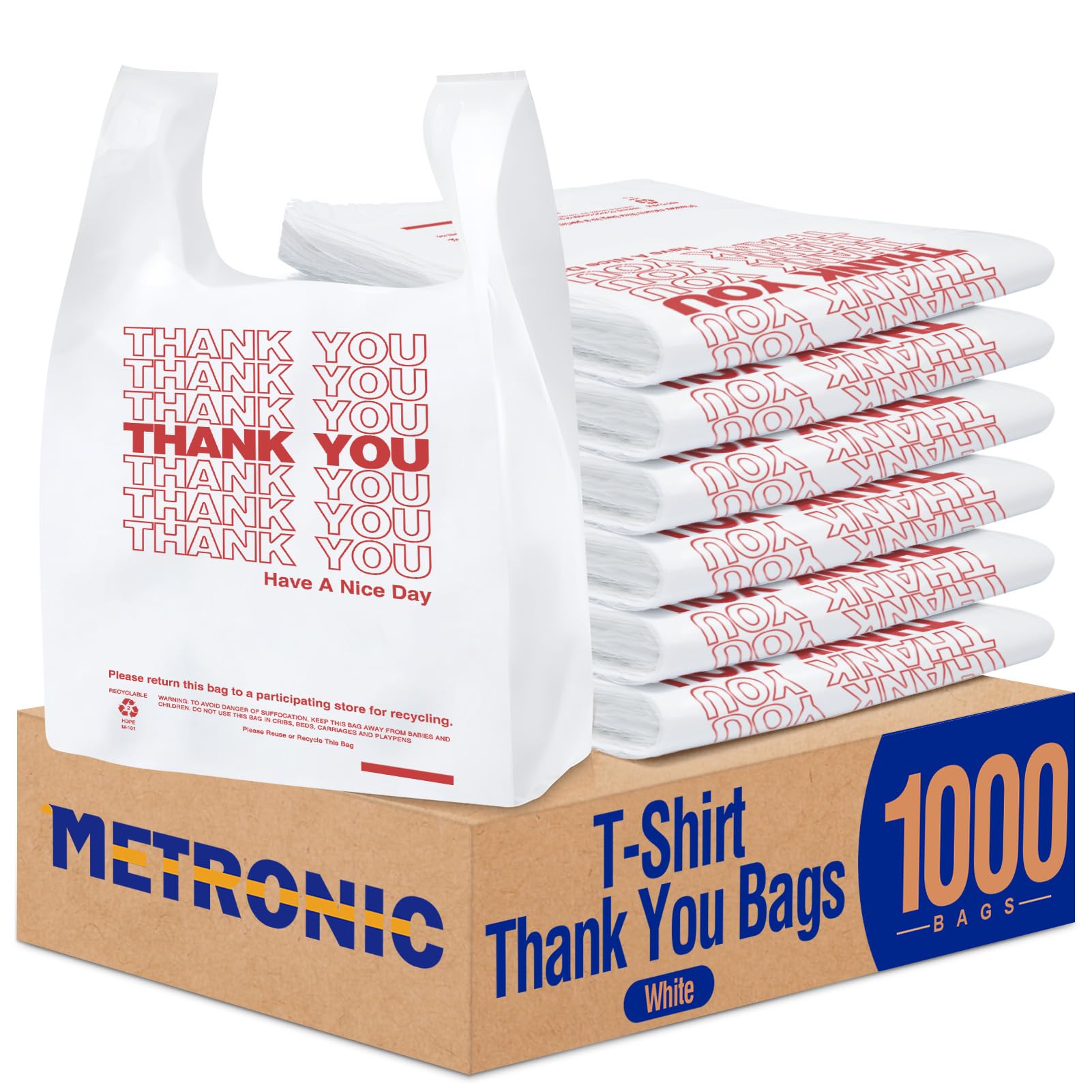 METRONIC 1000 Count Plastic Thank You T-Shirt Bags with Handles White, 11.5 x 6.5 x 21 Carry Gift Bags for Retail, Supermarket, Grocery Shopping Bag for Packaging, Takeout, Convenience Stores, in Bulk