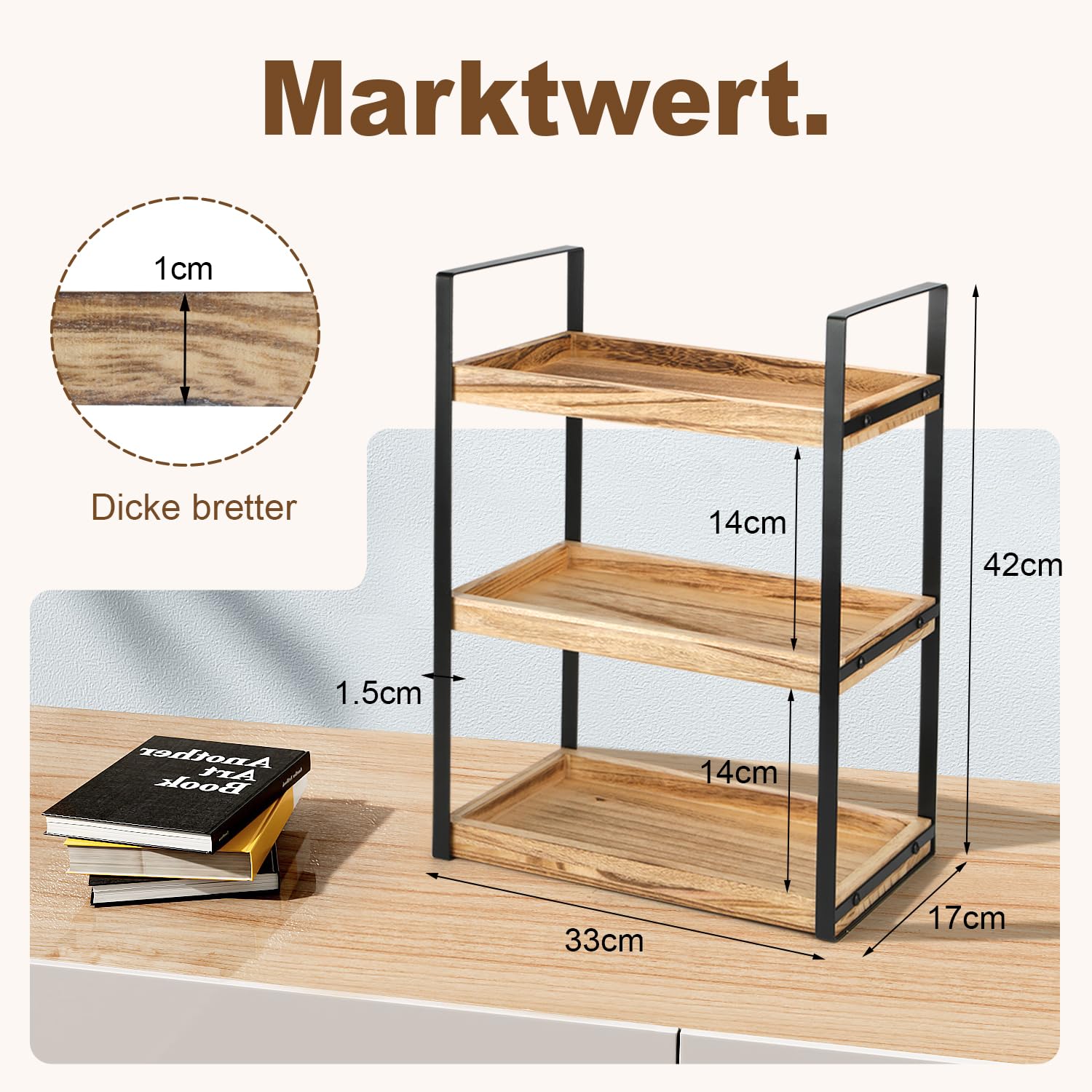 3 Ebenen Standregal Badezimmer Organizer, Feuchtigkeitsgeschützt Holzregal Badezimmer Braun Regal Holz mit Metallgestell, Multifunktionales Gewürzregal, Schreibtisch-Organizer für Küche