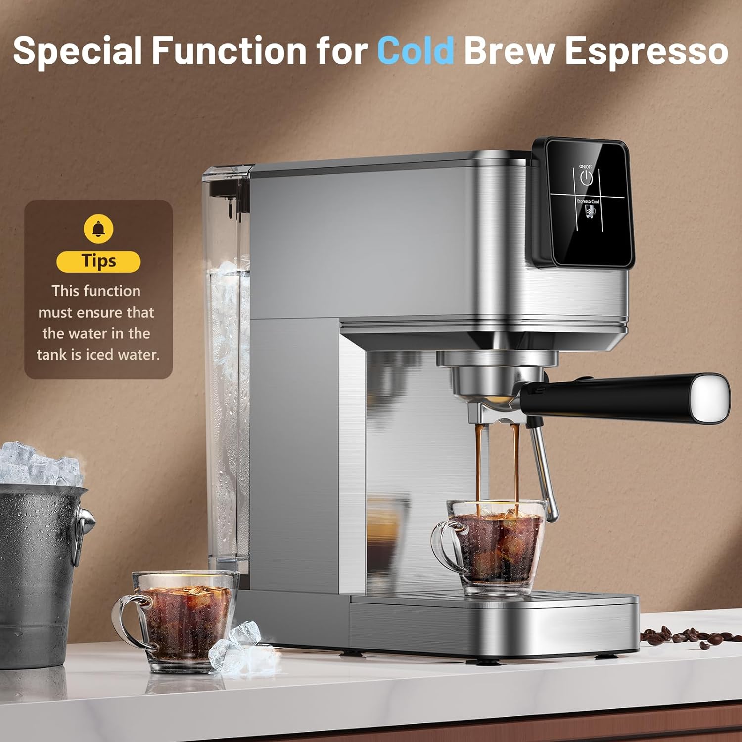 Espresso Machine 20 Bar with Touch Screen, Hot & Iced Coffee Makers, Stainless Steel Espresso Maker with Rapid Cold Brew & Milk Frother Steam Wand, with Water Tank for Latte, Cappuccino, Gift